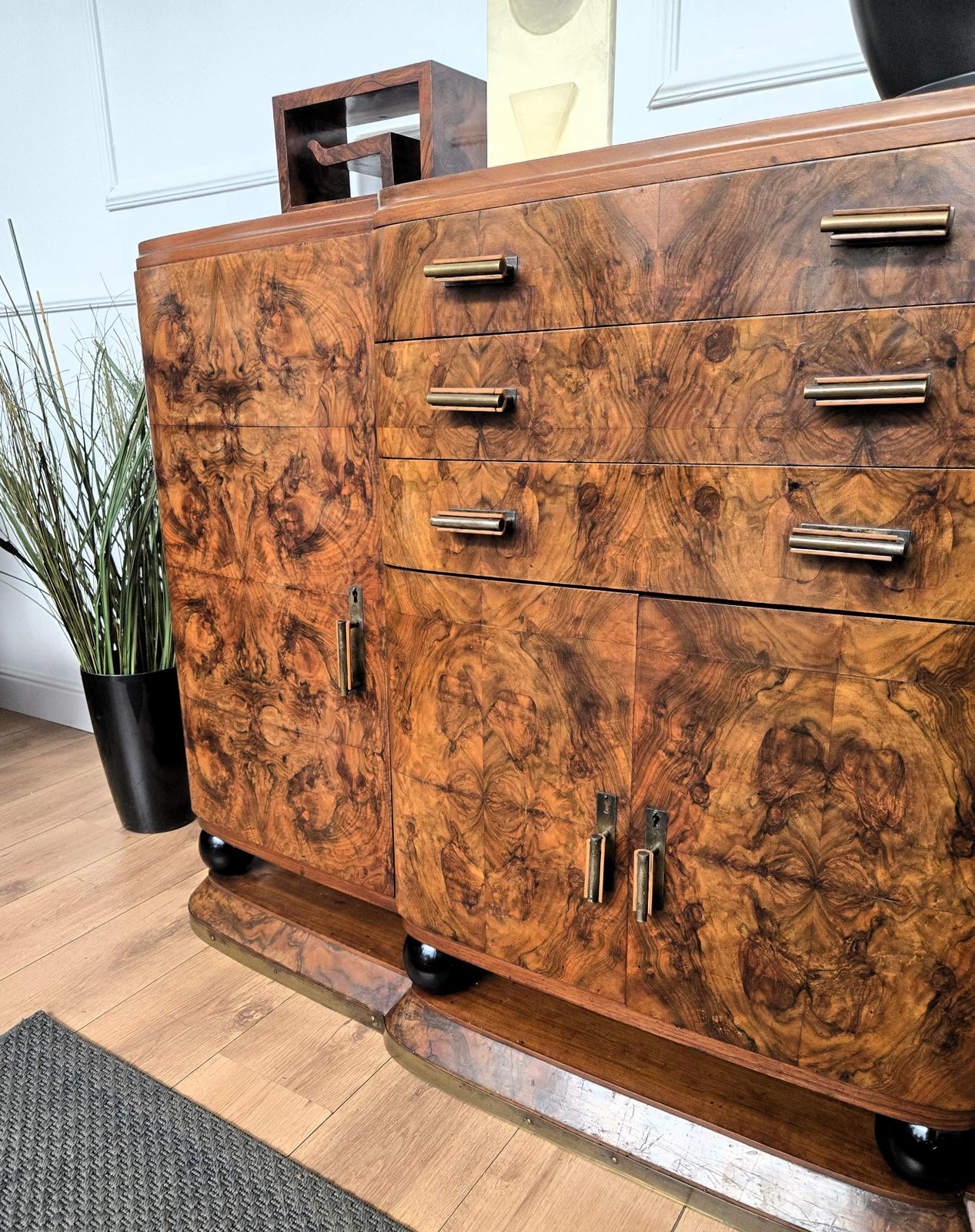 1940s Art Deco Mid Century Italian Walnut Burl Brass Sideboard Buffet Credenza photo buy