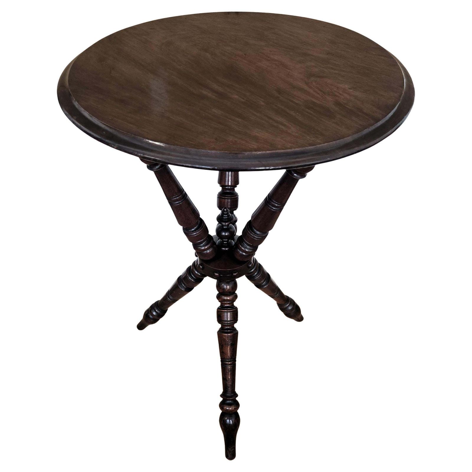 Antique Italian Round Walnut Tripod Side Table With Carved Bun Stretcher
