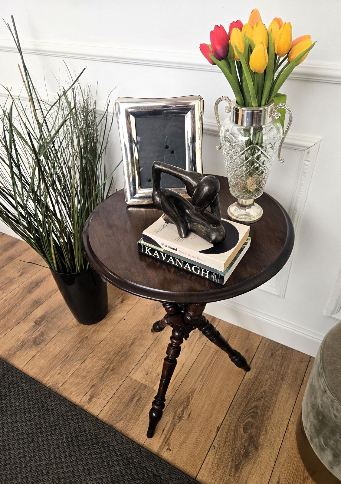 Antique Italian Round Walnut Tripod Side Table With Carved Bun Stretcher photo 877.0