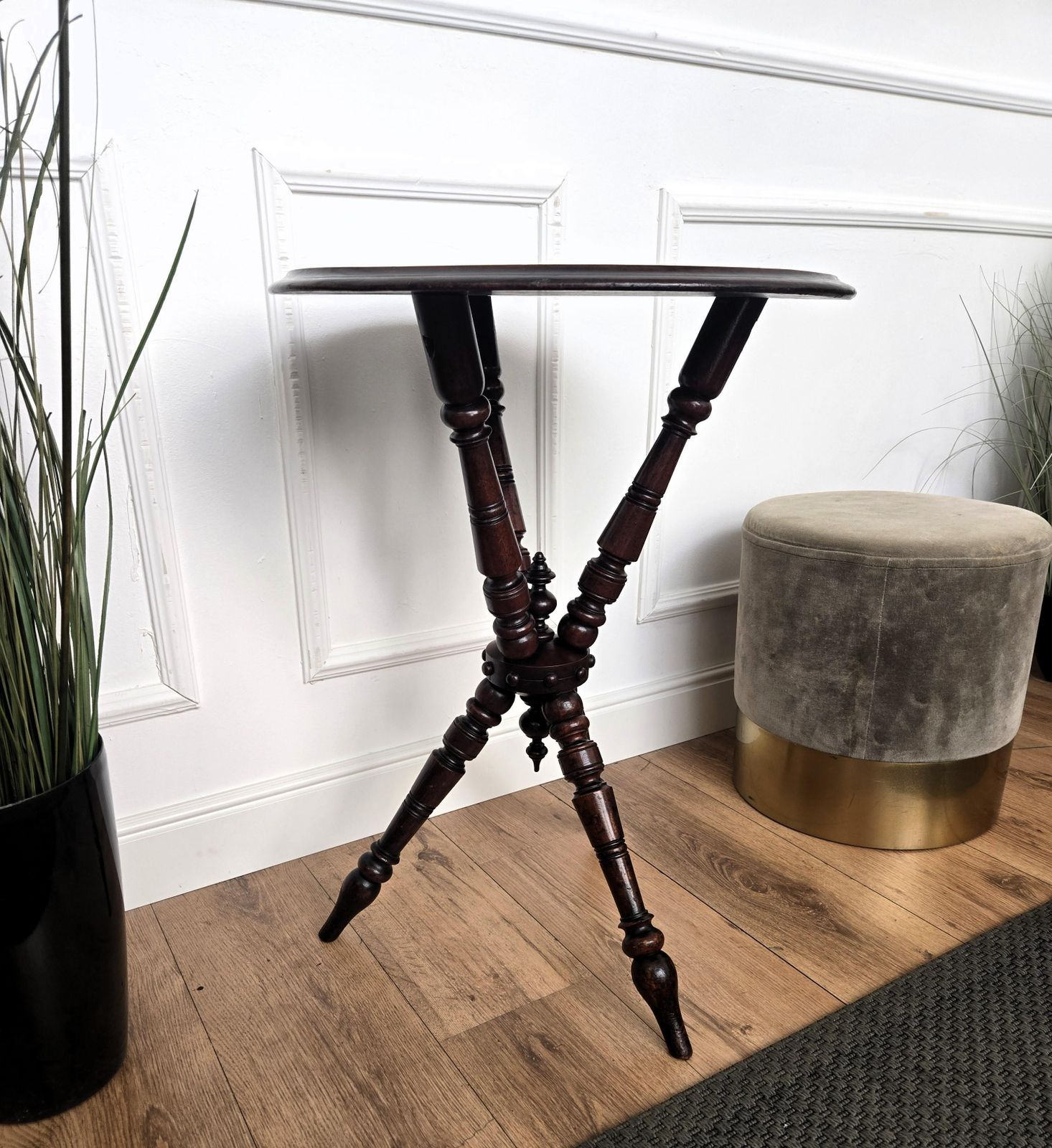 Antique Italian Round Walnut Tripod Side Table With Carved Bun Stretcher photo vintage