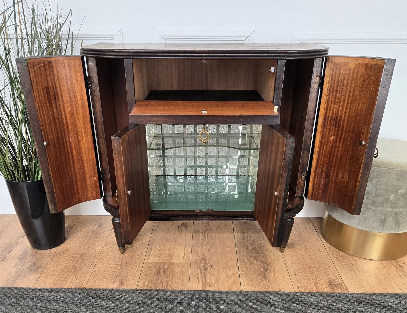 photo for sale 1960s Art Deco Mid Century Italian Walnut Burl And Mirror Mosaic Dry Bar Cabinet
