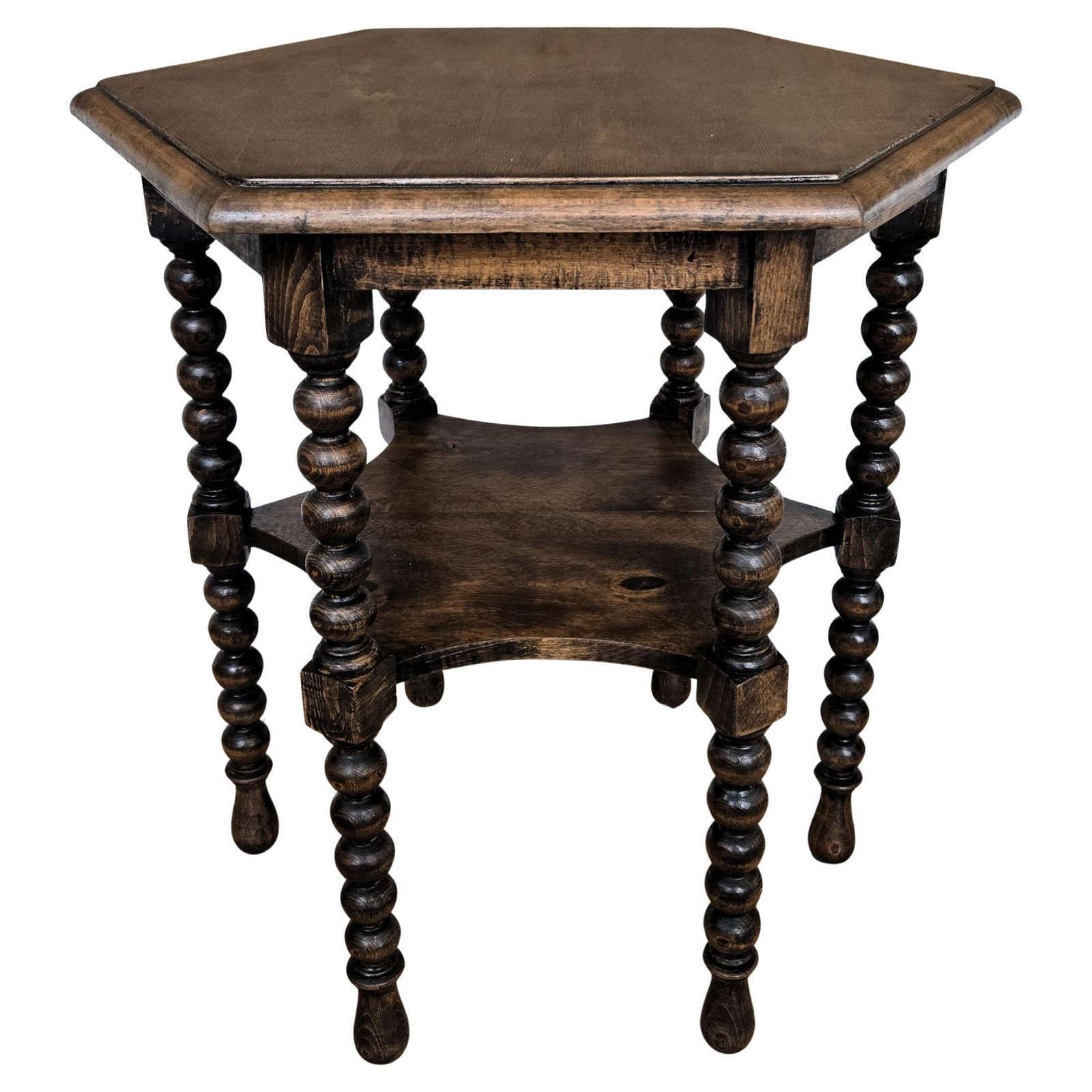 Antique Italian Hexagonal Walnut Side Table Or Stool With Bobbin Turned Legs