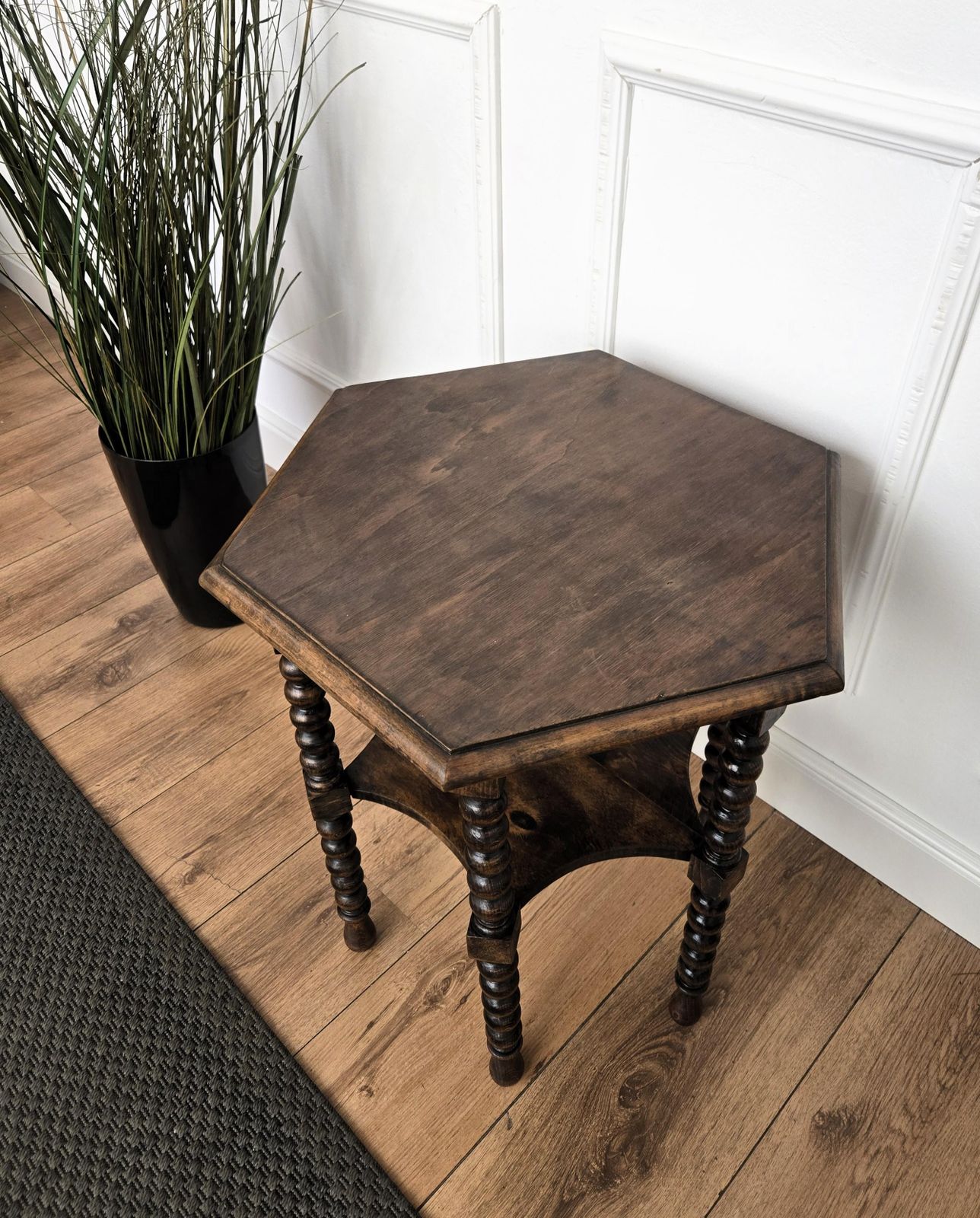 Antique Italian Hexagonal Walnut Side Table Or Stool With Bobbin Turned Legs photo vinterior