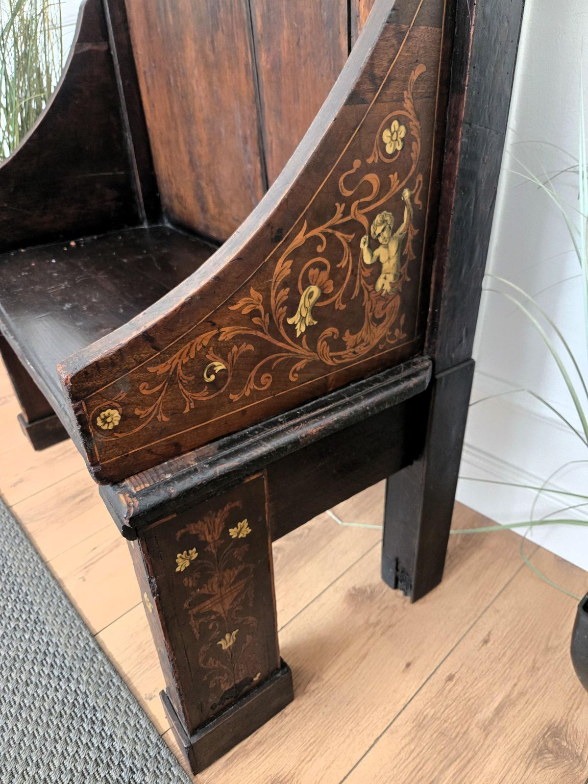 Antique Italian Primitive Rustic Country Marquetry Inlay Wooden Bench photo buy