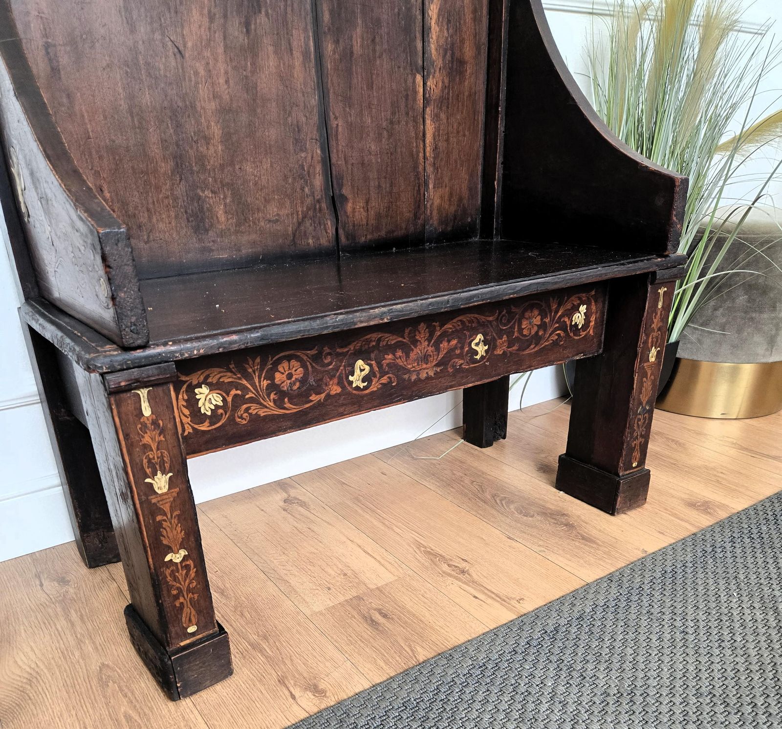 Antique Italian Primitive Rustic Country Marquetry Inlay Wooden Bench photo vintage