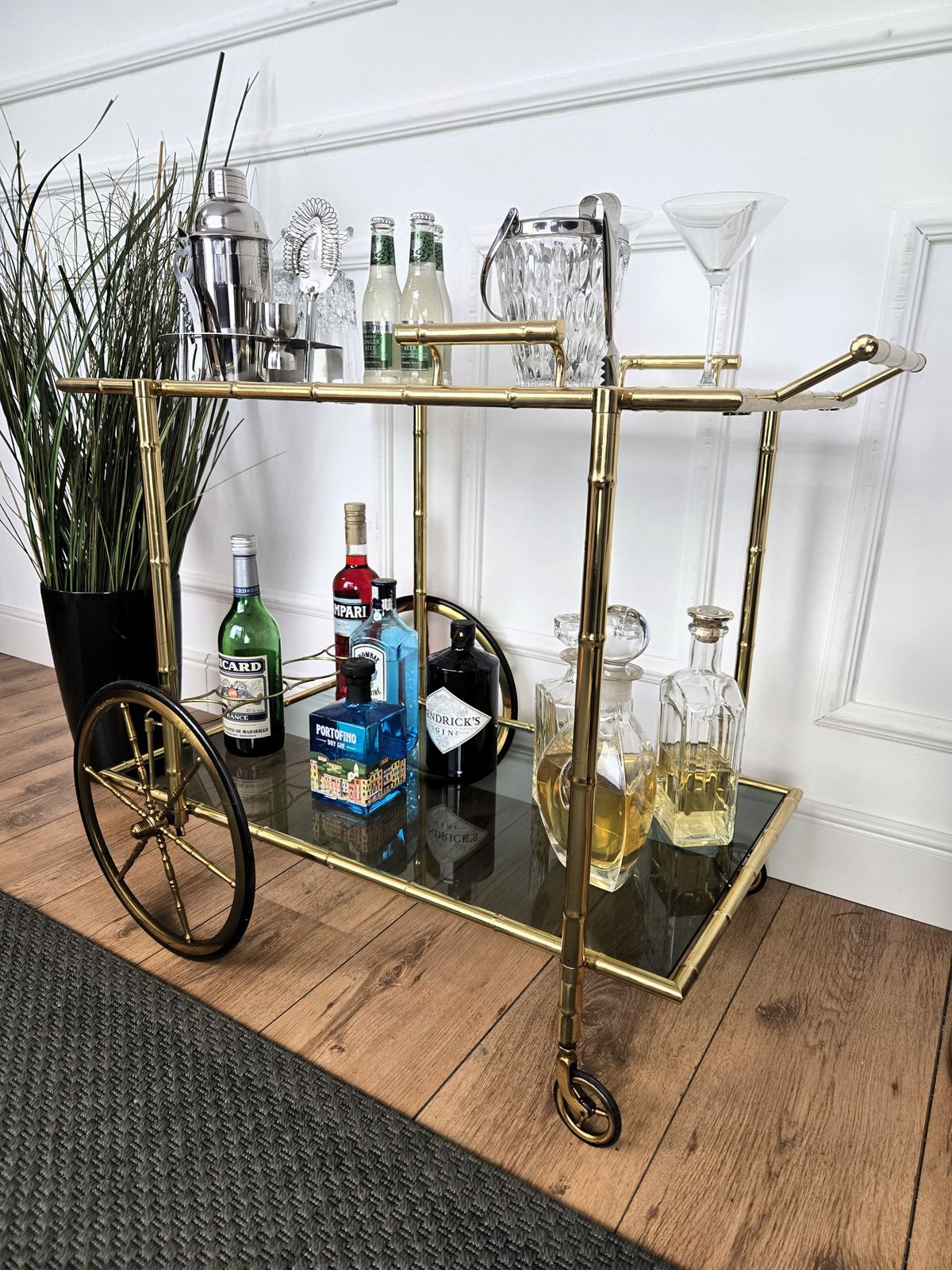 Mid Century Hollywood Regency Two Tier Brass And Glass Bar Cart, Italy, 1970s photo Home Decor