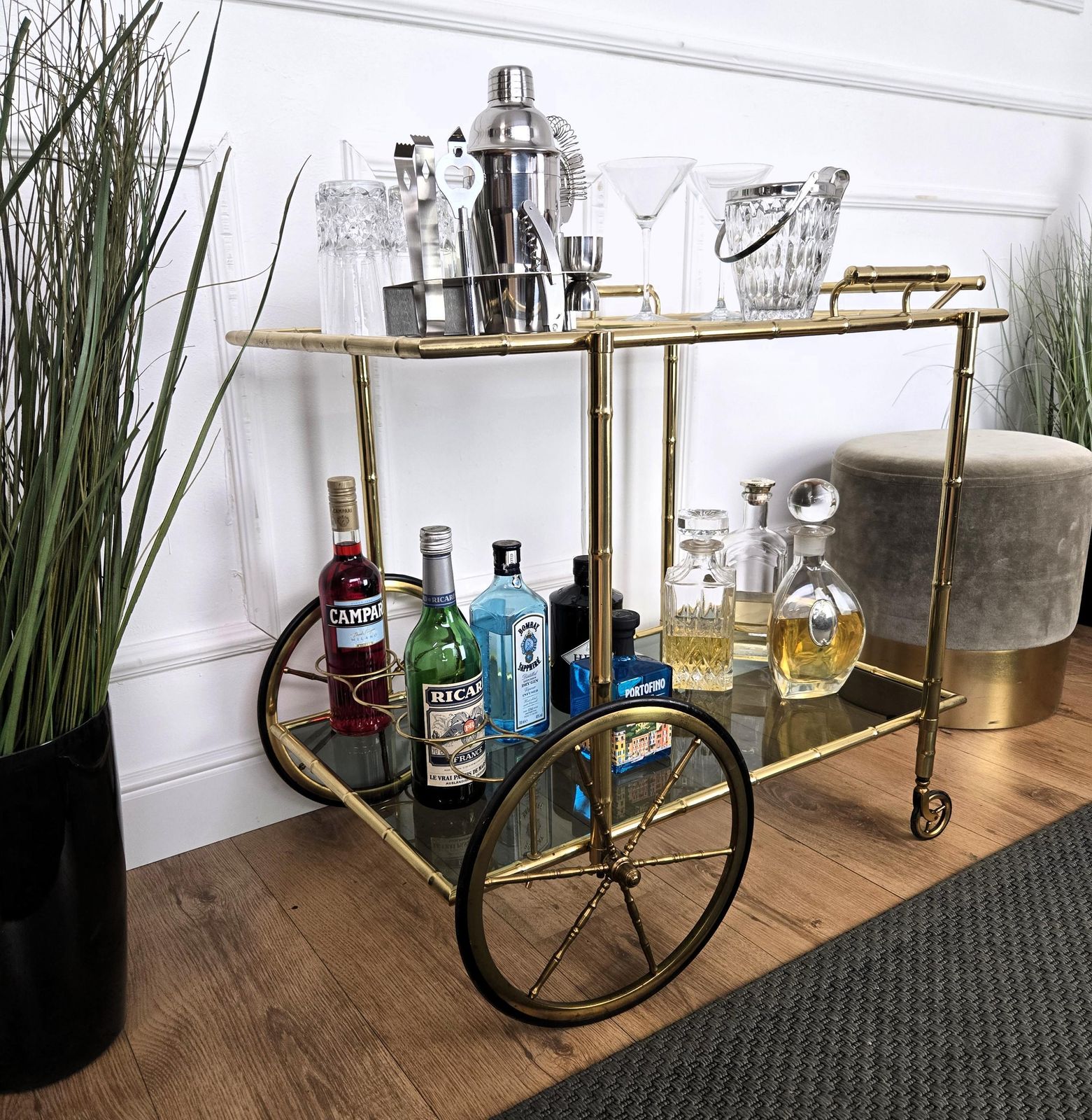 Mid Century Hollywood Regency Two Tier Brass And Glass Bar Cart, Italy, 1970s photo vinterior