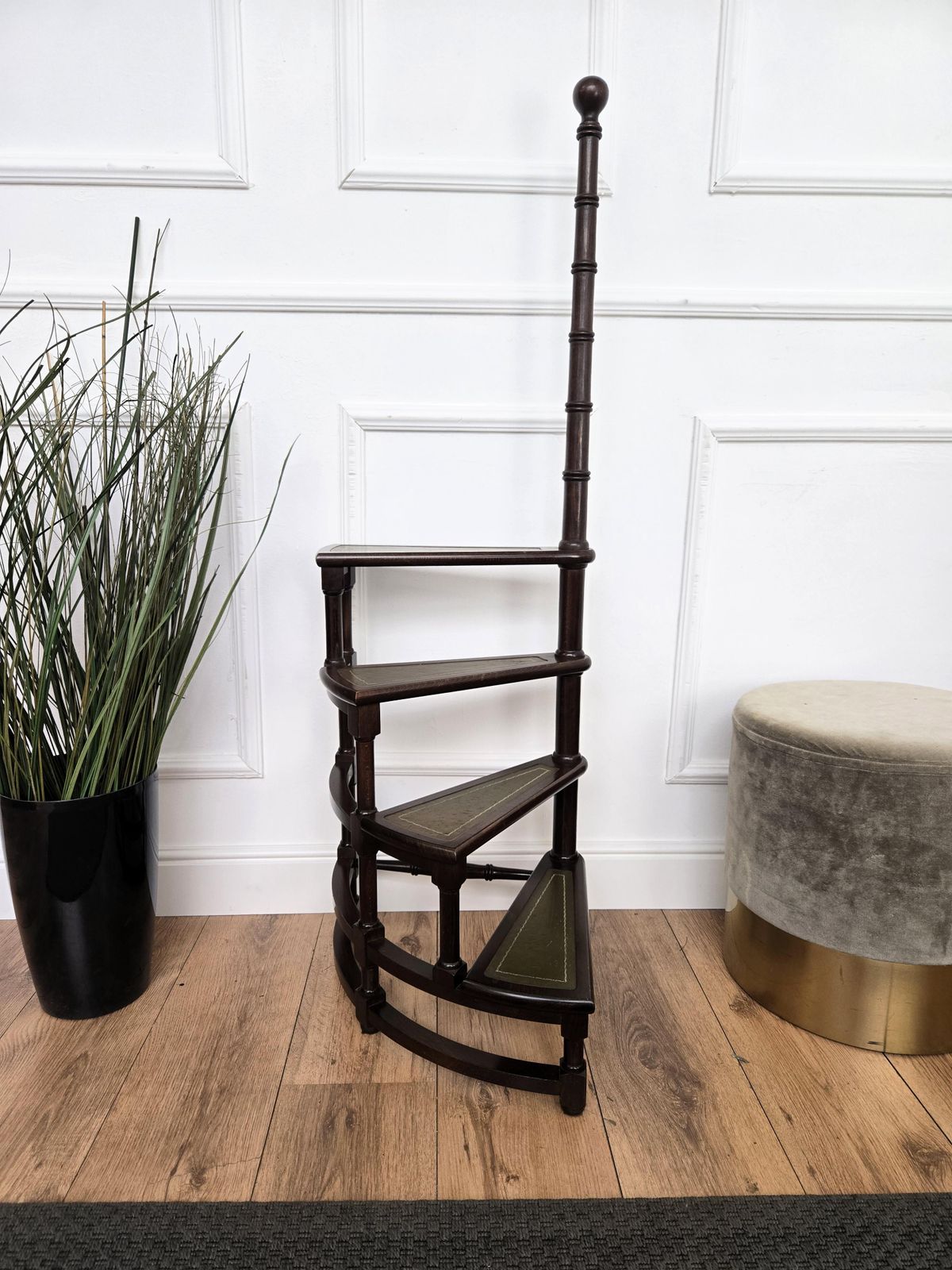 Midcentury Italian Carved Walnut Wood And Leather Spiral 4 Step Library Ladder photo for sale