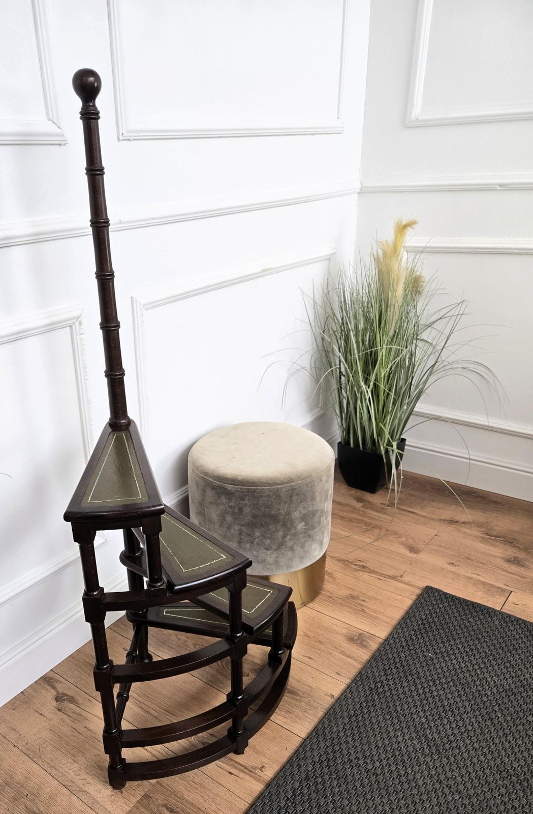 Midcentury Italian Carved Walnut Wood And Leather Spiral 4 Step Library Ladder photo 1150.0
