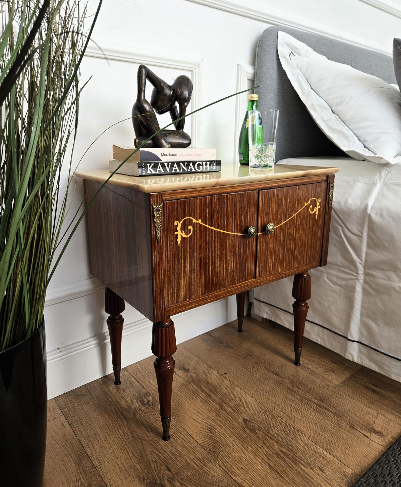 Pair Of Italian Art Deco Burl Veneer Wood Marble Top Night Stands Bedside Tables photo furniture