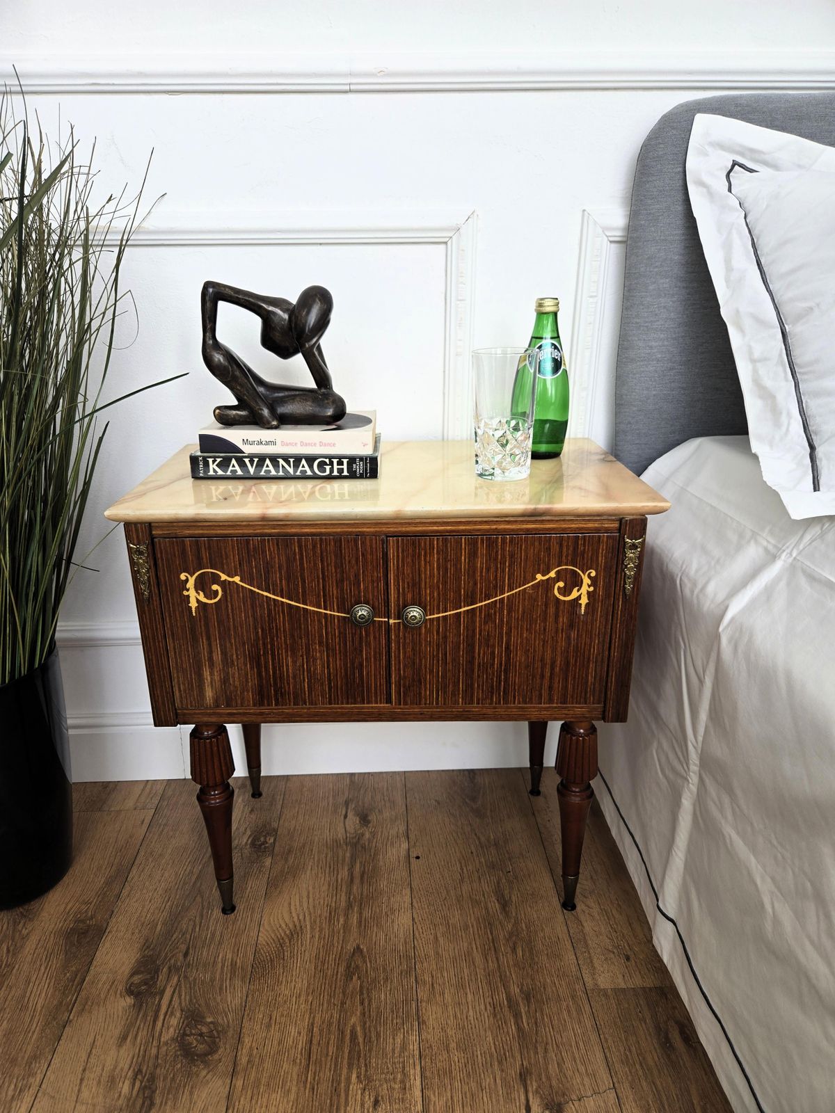 Pair Of Italian Art Deco Burl Veneer Wood Marble Top Night Stands Bedside Tables photo for sale