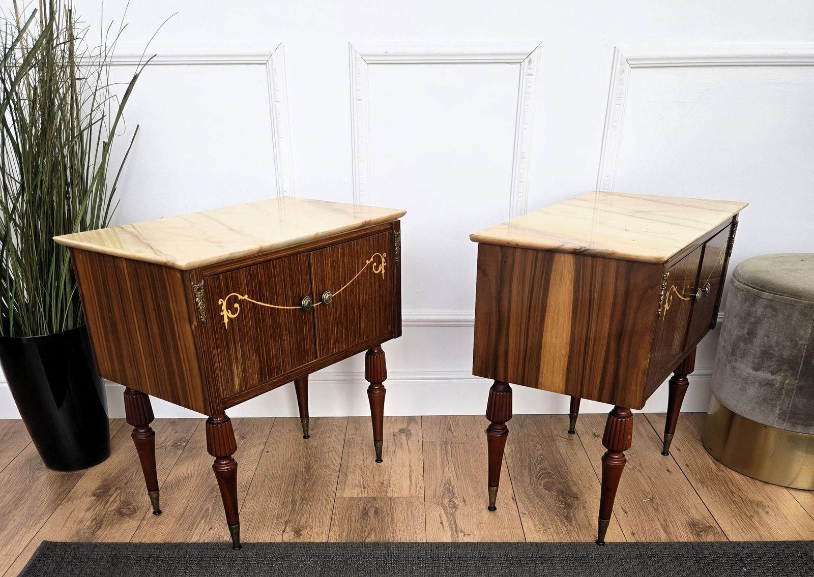 Pair Of Italian Art Deco Burl Veneer Wood Marble Top Night Stands Bedside Tables photo vintage