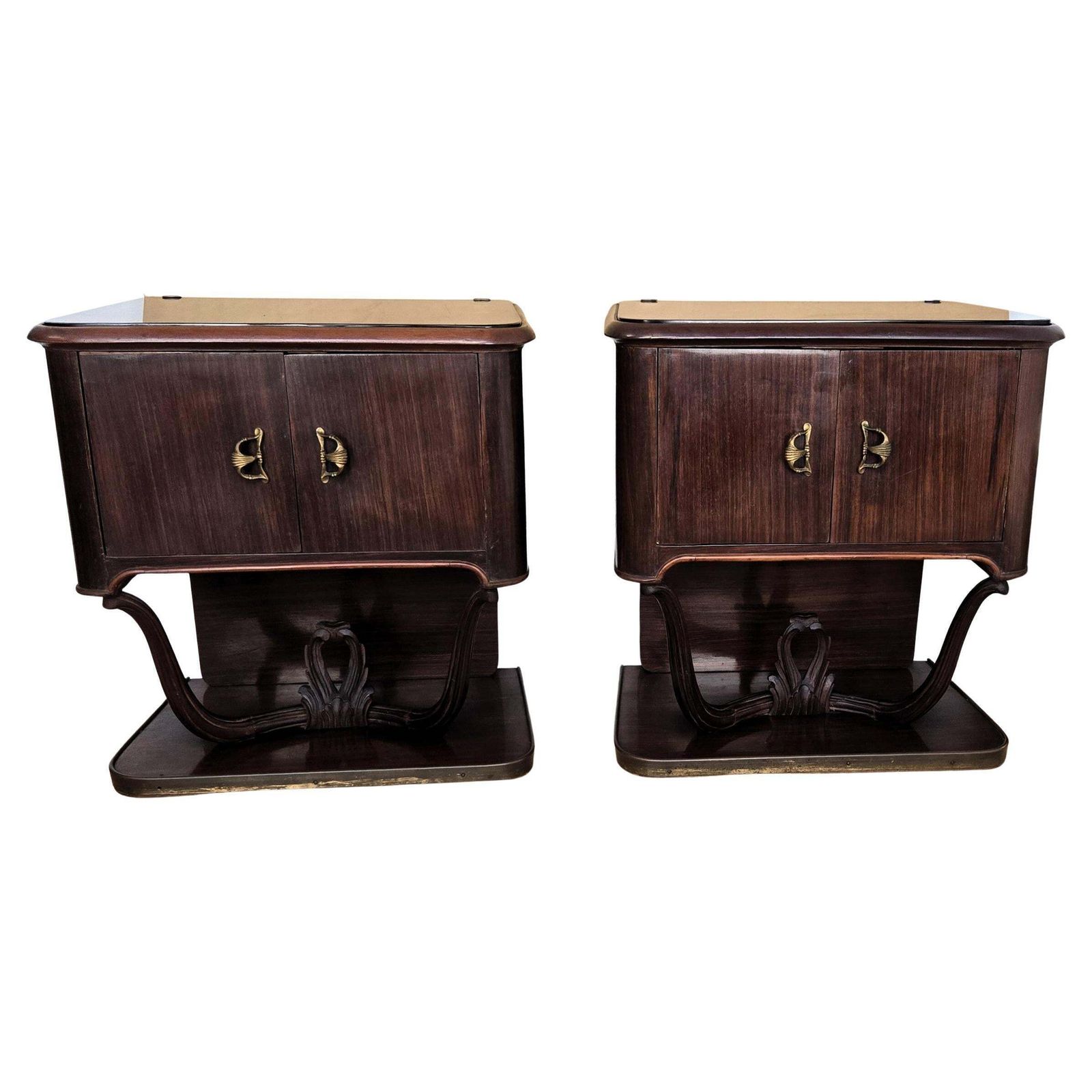 Pair Of Mid Century Italian Liberty Night Stands Bedside Tables Walnut Glass Top