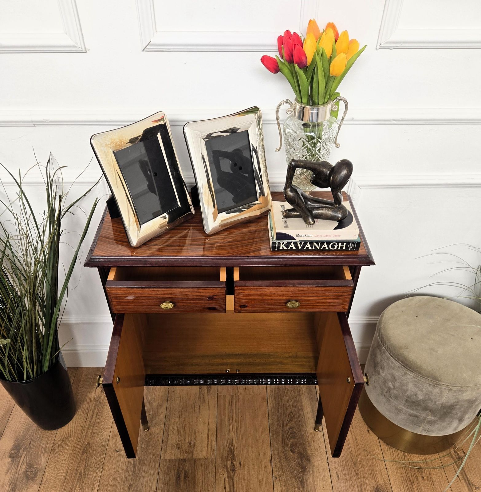 1960s Mid Century Modern Mcm Italian Wood And Brass Entryway Console Cabinet photo vinterior