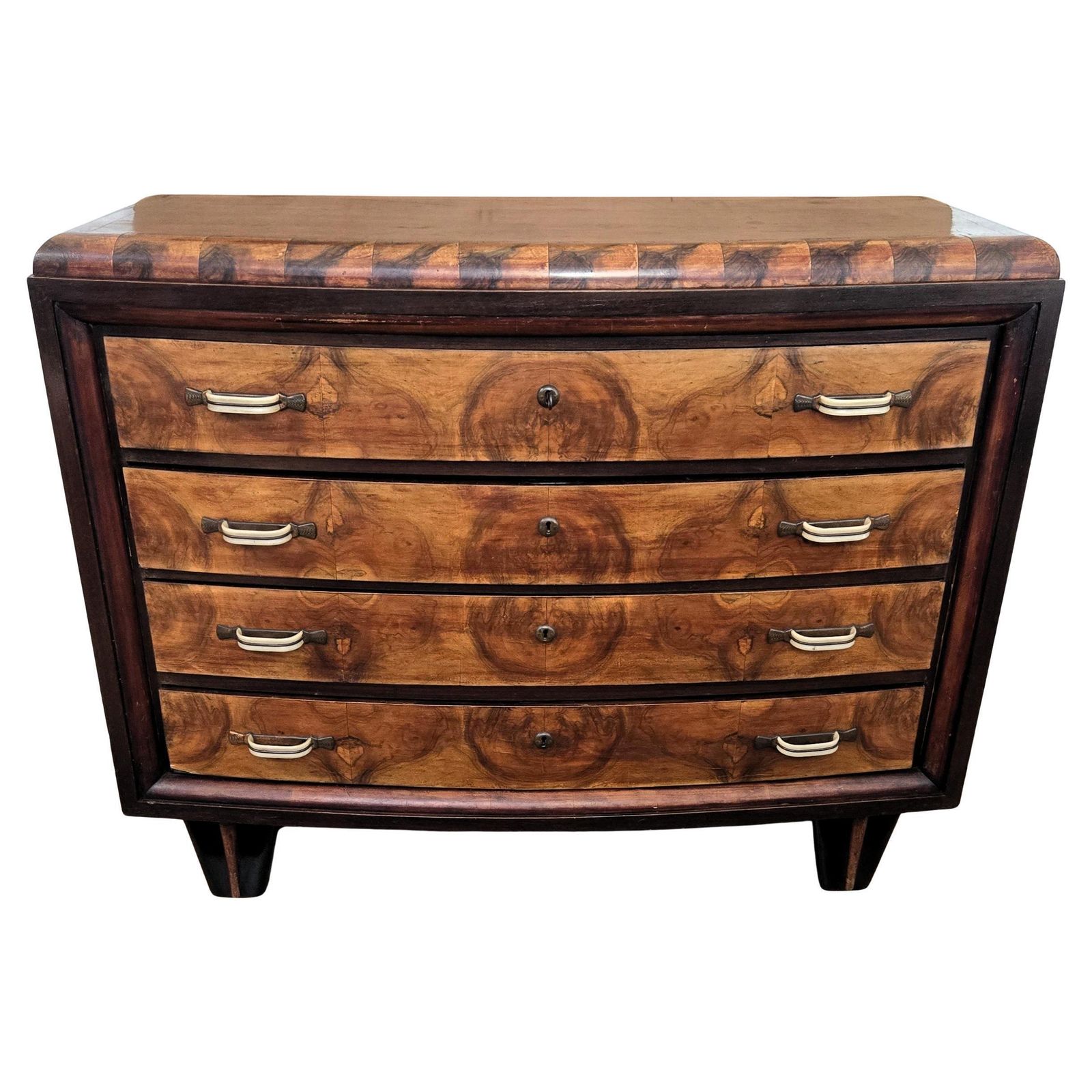 1940s Italian Art Deco Burl Wood Bronze Chest Of Drawers Credenza Sideboard