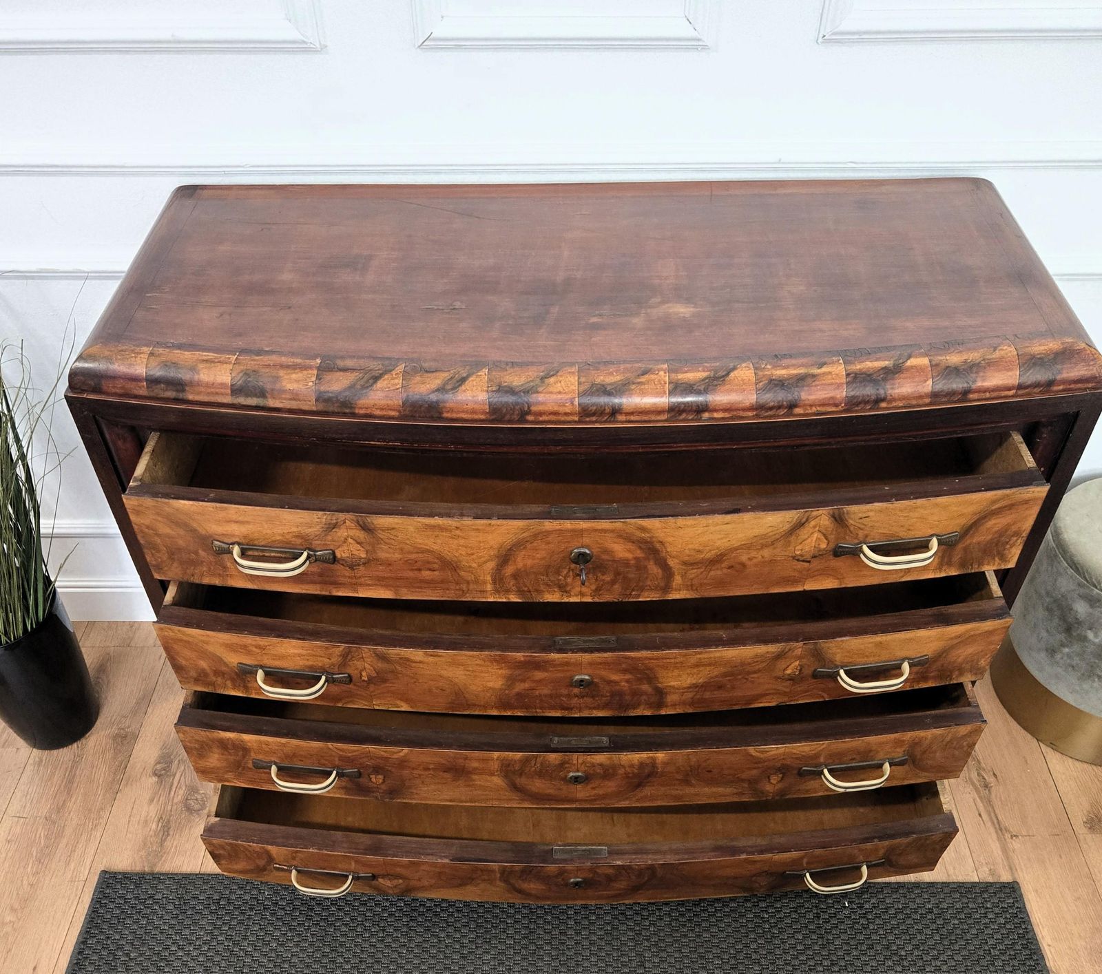 1940s Italian Art Deco Burl Wood Bronze Chest Of Drawers Credenza Sideboard photo vintage