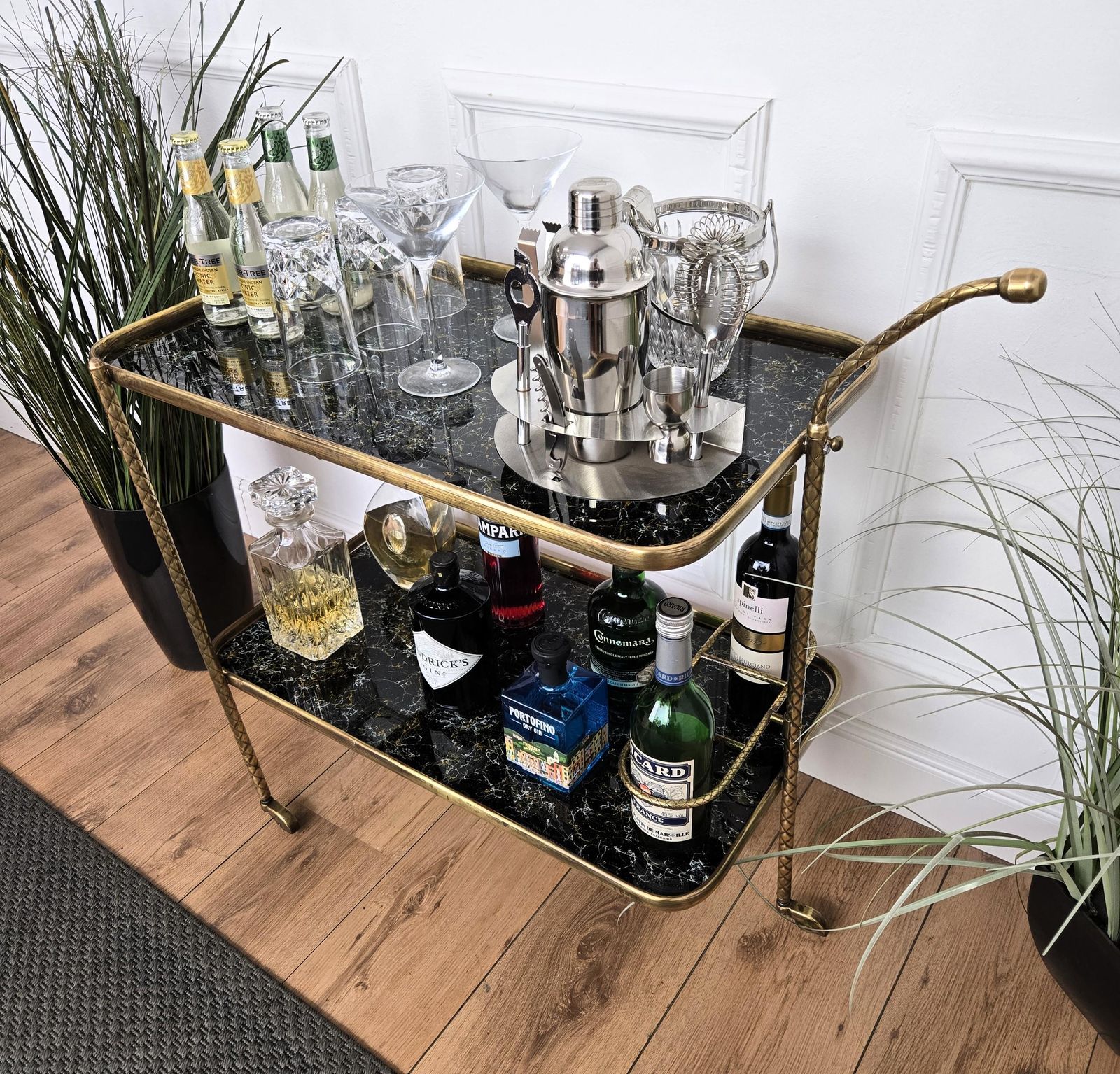 Art Deco Italian Two Tier Gilt Brass And Marble Glass Bar Cart photo for sale