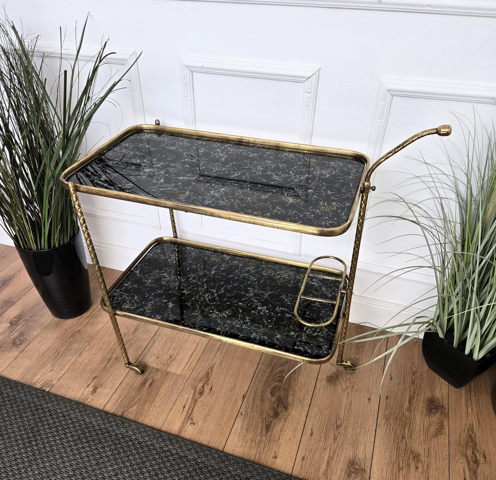 Art Deco Italian Two Tier Gilt Brass And Marble Glass Bar Cart photo buy