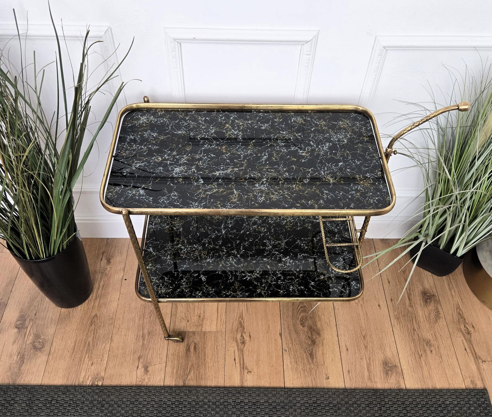 Art Deco Italian Two Tier Gilt Brass And Marble Glass Bar Cart photo vintage
