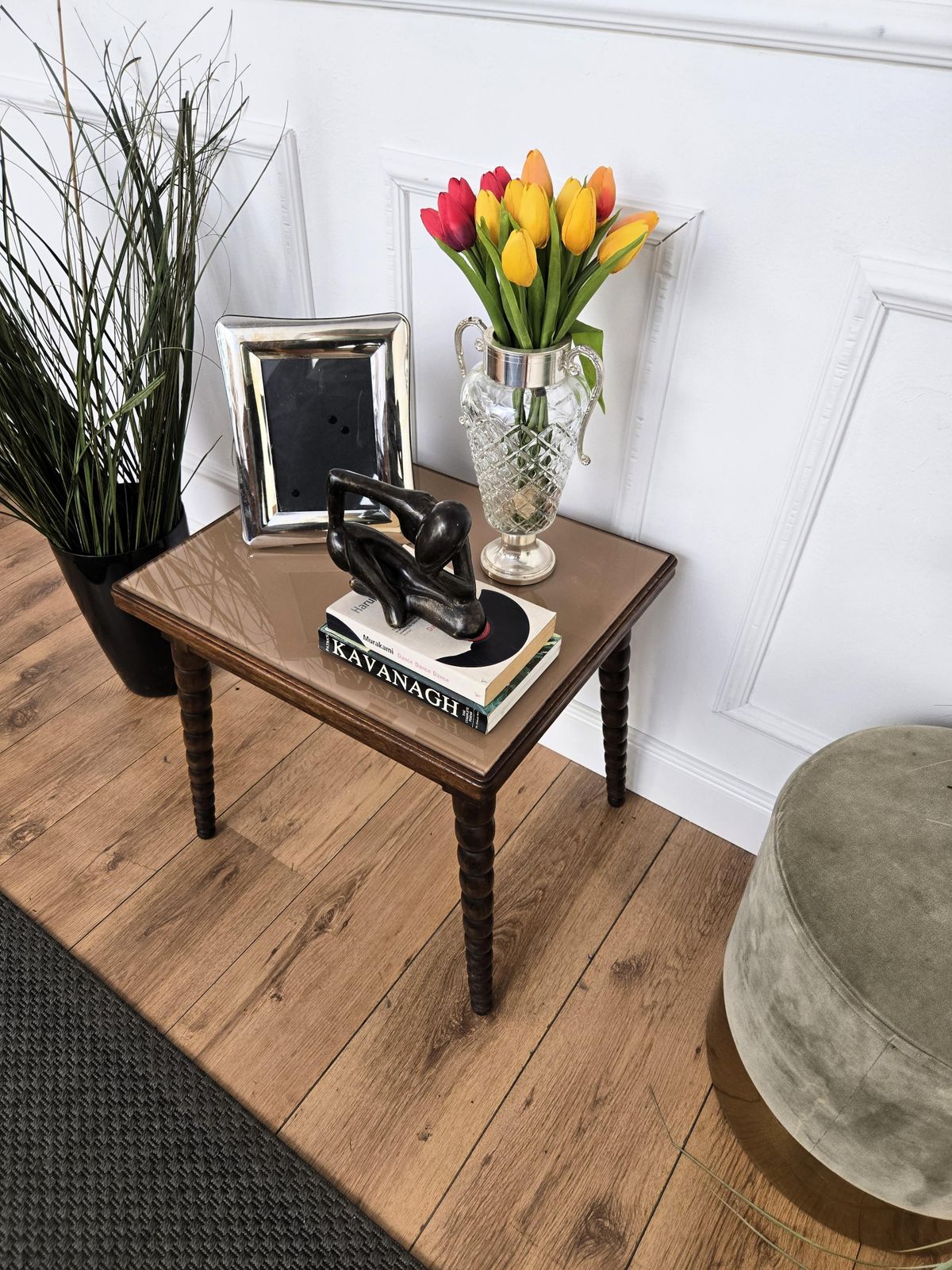 Mid Century Italian Walnut Side Coffee Table With Bobbin Turned Legs Glass Top photo for sale