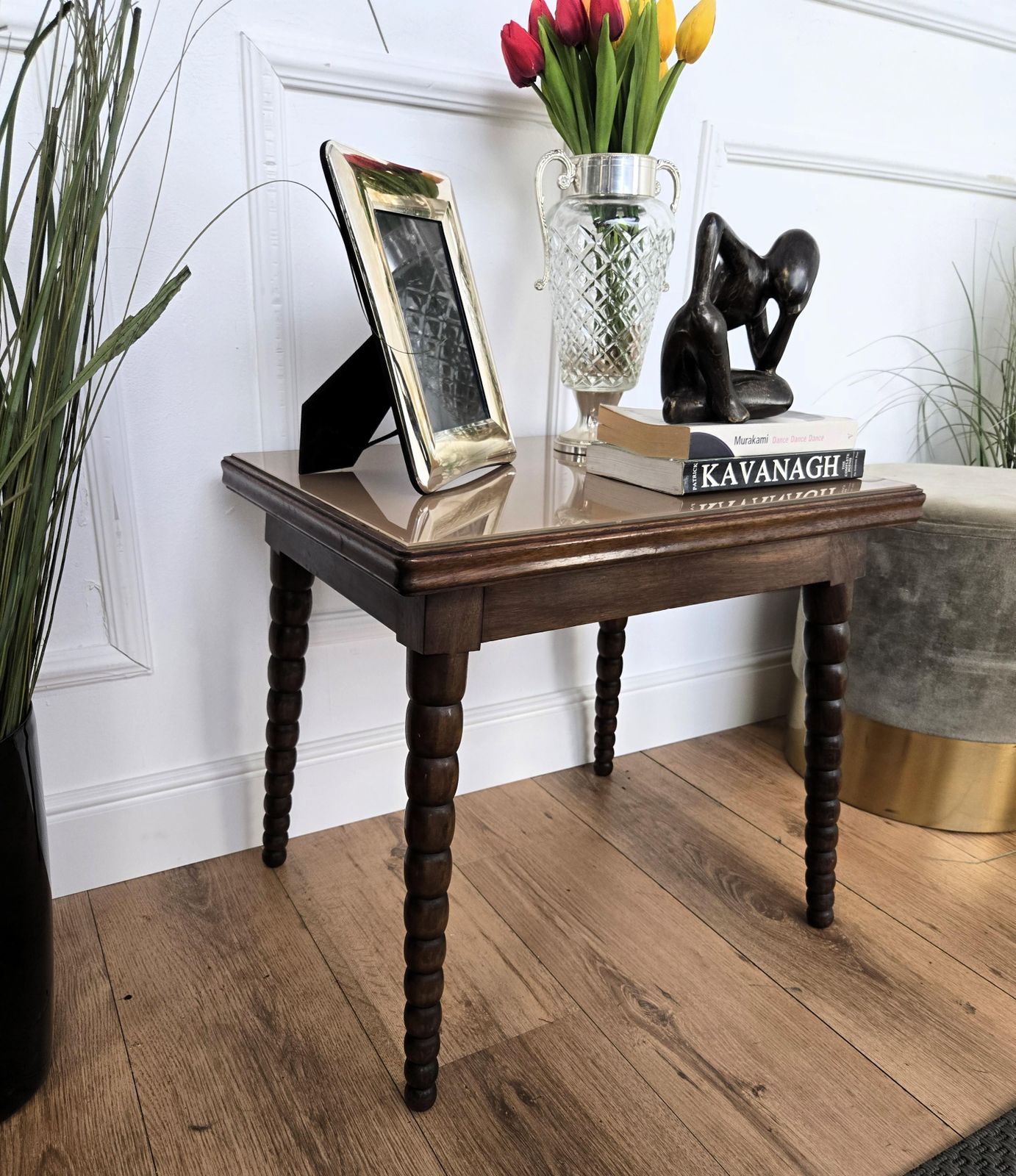 Mid Century Italian Walnut Side Coffee Table With Bobbin Turned Legs Glass Top photo Furniture