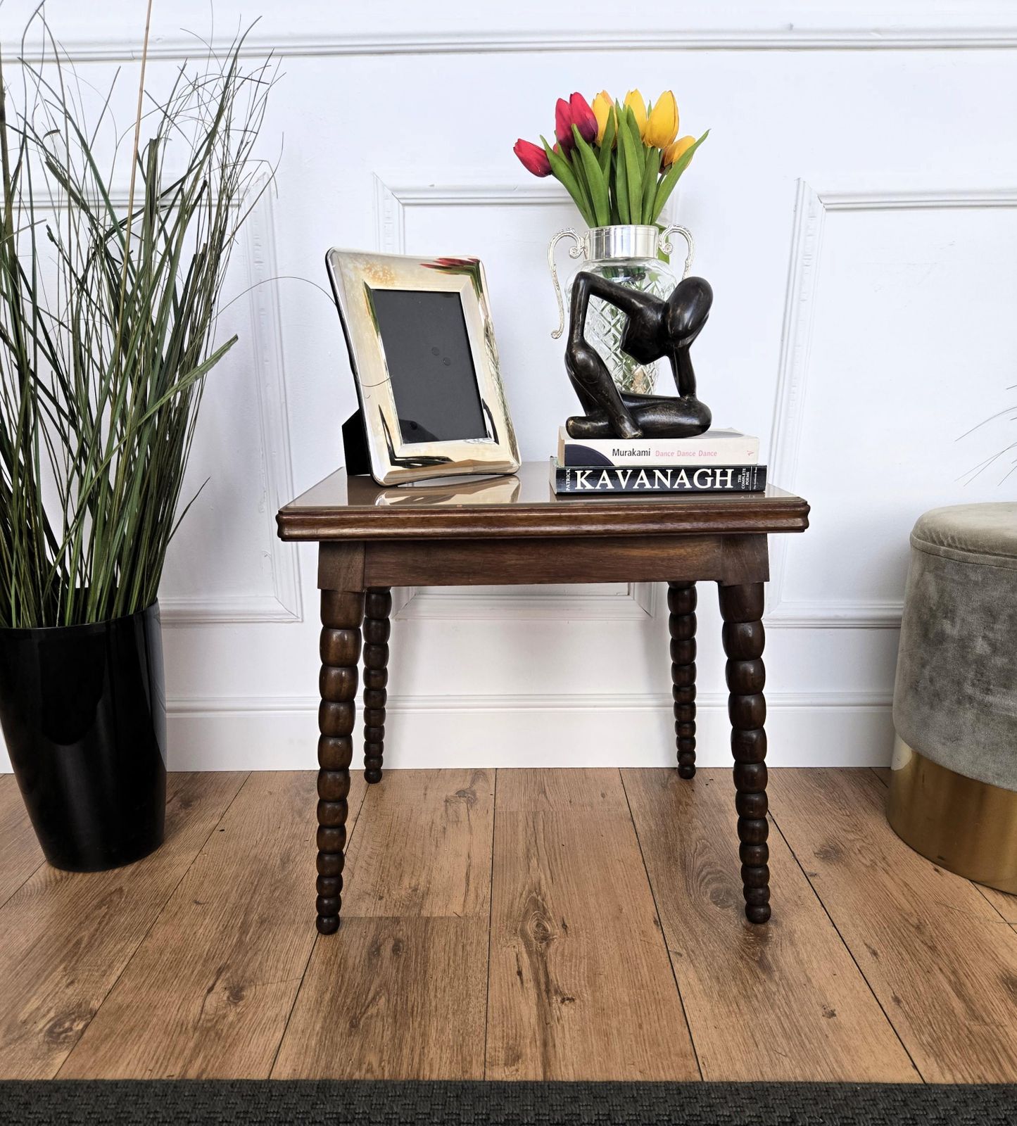 Mid Century Italian Walnut Side Coffee Table With Bobbin Turned Legs Glass Top photo vinterior