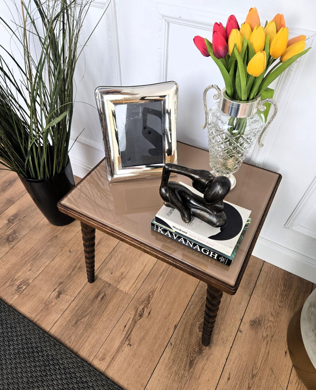 Mid Century Italian Walnut Side Coffee Table With Bobbin Turned Legs Glass Top photo buy