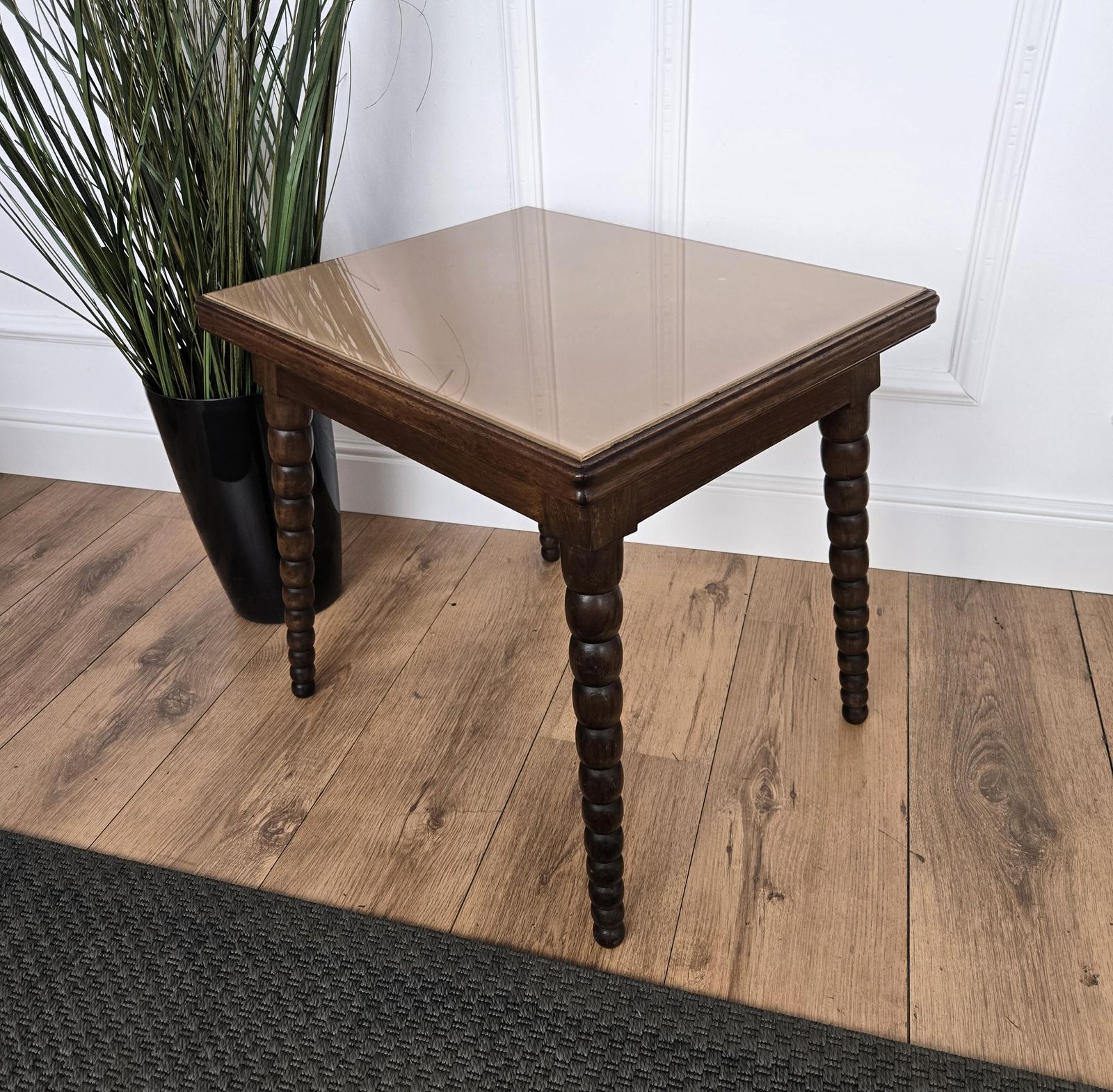 Mid Century Italian Walnut Side Coffee Table With Bobbin Turned Legs Glass Top photo vintage