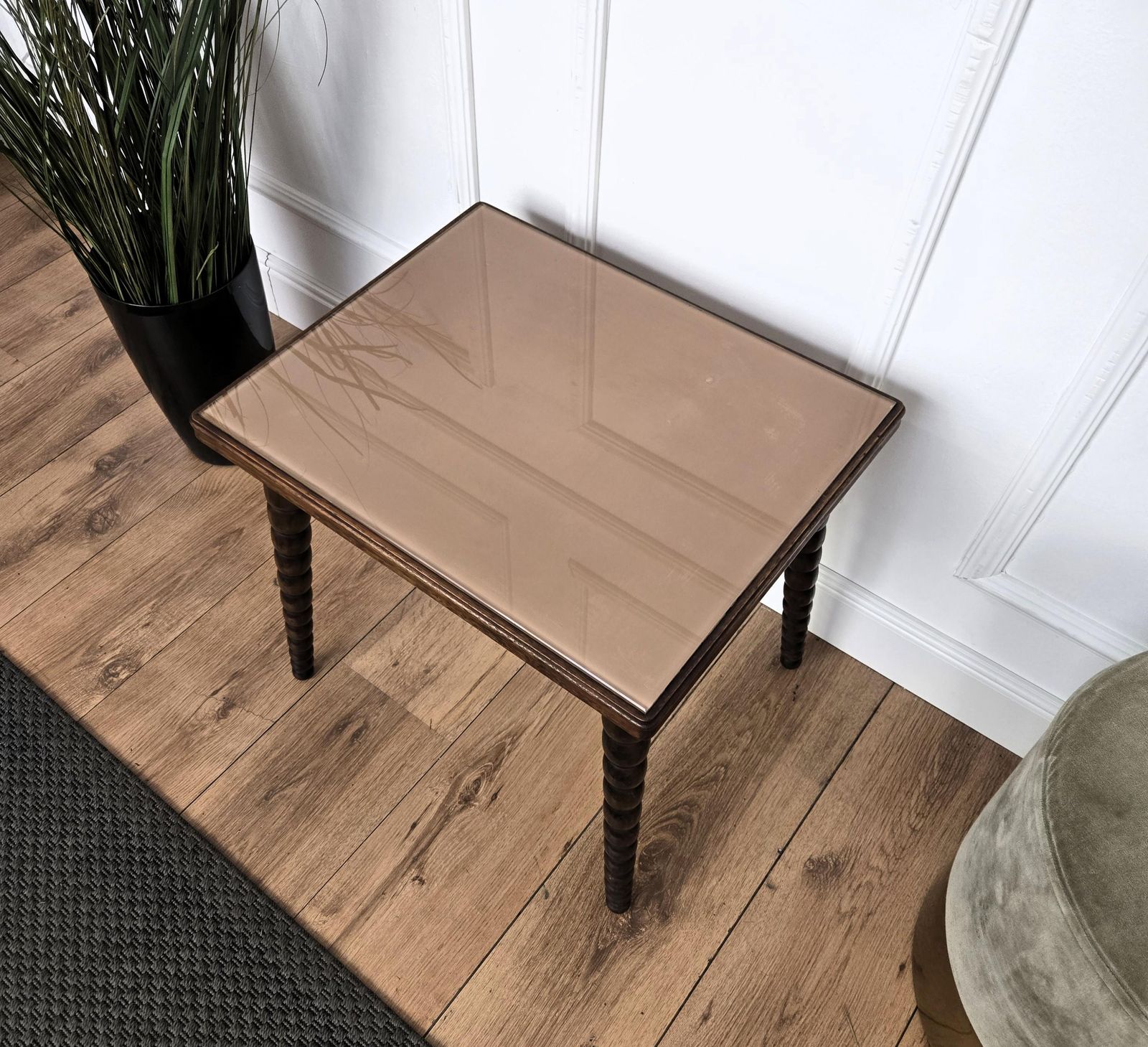 photo for sale Mid Century Italian Walnut Side Coffee Table With Bobbin Turned Legs Glass Top