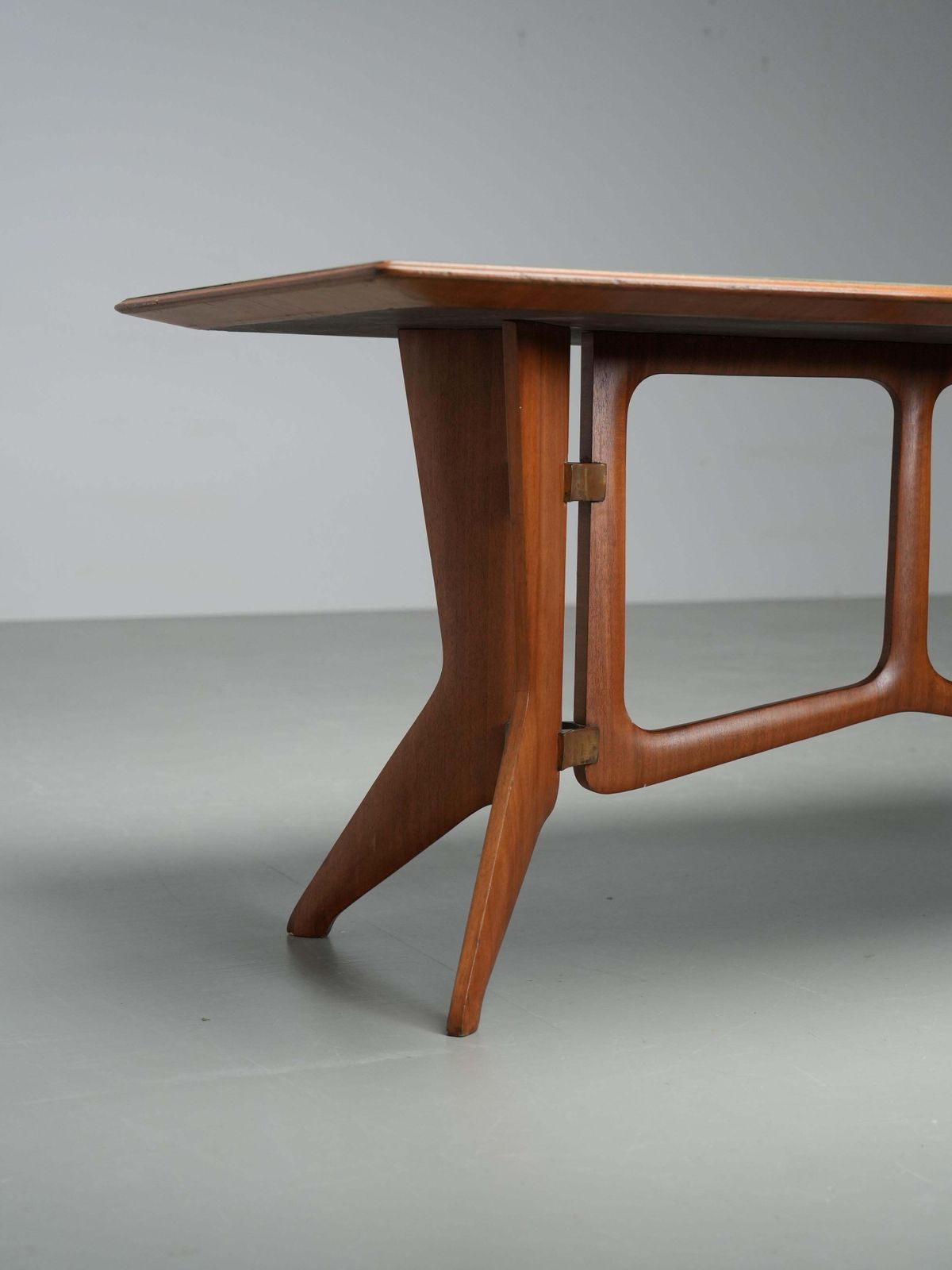 Ariberto Colombo Dining Room Table In Walnut, Glass And Brass, Italy, 1950's photo vintage
