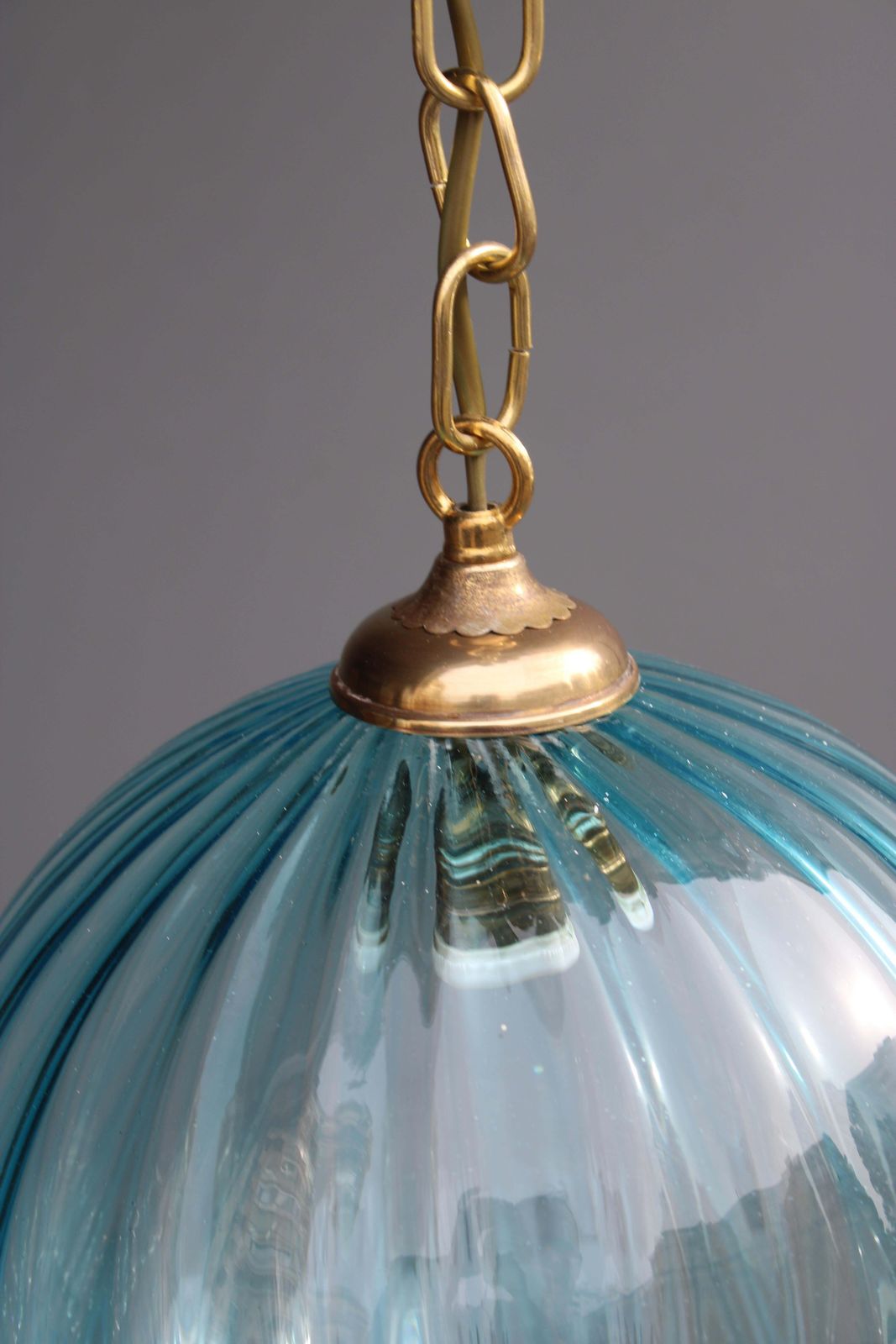 Lampadario Venini In Ottone E Vetro Di Murano Azzurro 1950s photo buy