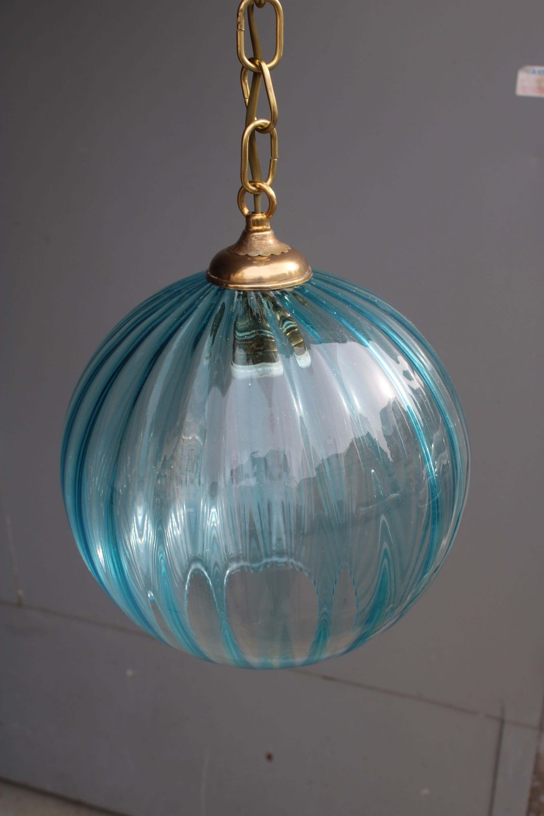 Lampadario Venini In Ottone E Vetro Di Murano Azzurro 1950s photo vintage