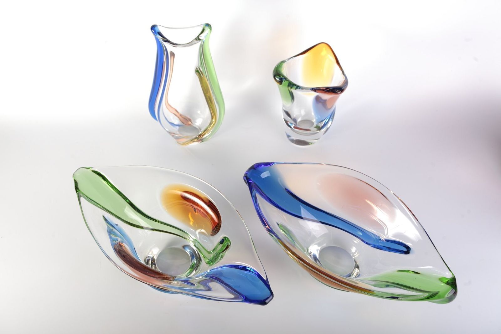 Glass Vase And Bowl Set Rhapsody By Karel Zemek For Mstisov, Czech, 1960s, Set Of 4