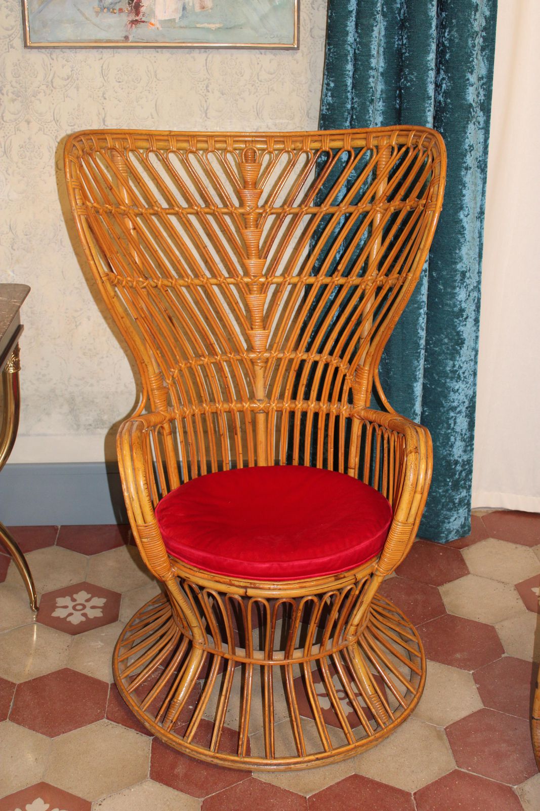Italian Bamboo Armchair From 1950s Lio Carminati Red Velvet Cushion photo Furniture