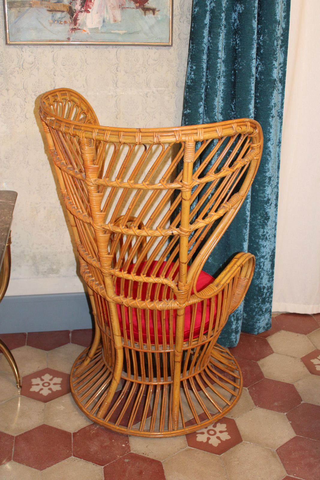 Italian Bamboo Armchair From 1950s Lio Carminati Red Velvet Cushion photo vintage