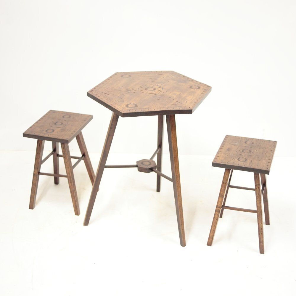 Hand Carved Folk Table And Stools, Former Czechoslovakia, 1960s, Set Of 3 photo buy
