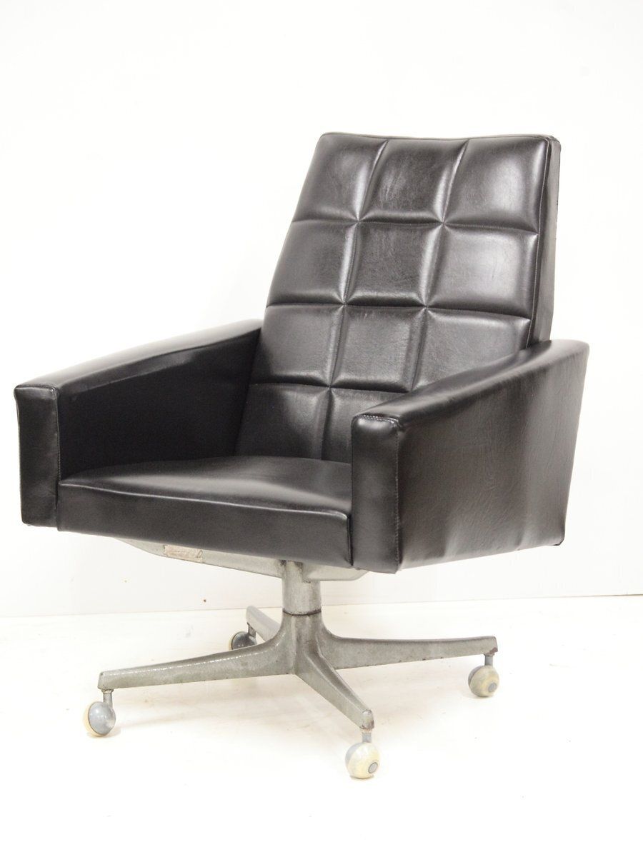 Set Of Mid Century Black Faux Leatherette Swivel Armchairs, Formere Czechoslovakia, 1970s photo 772.0