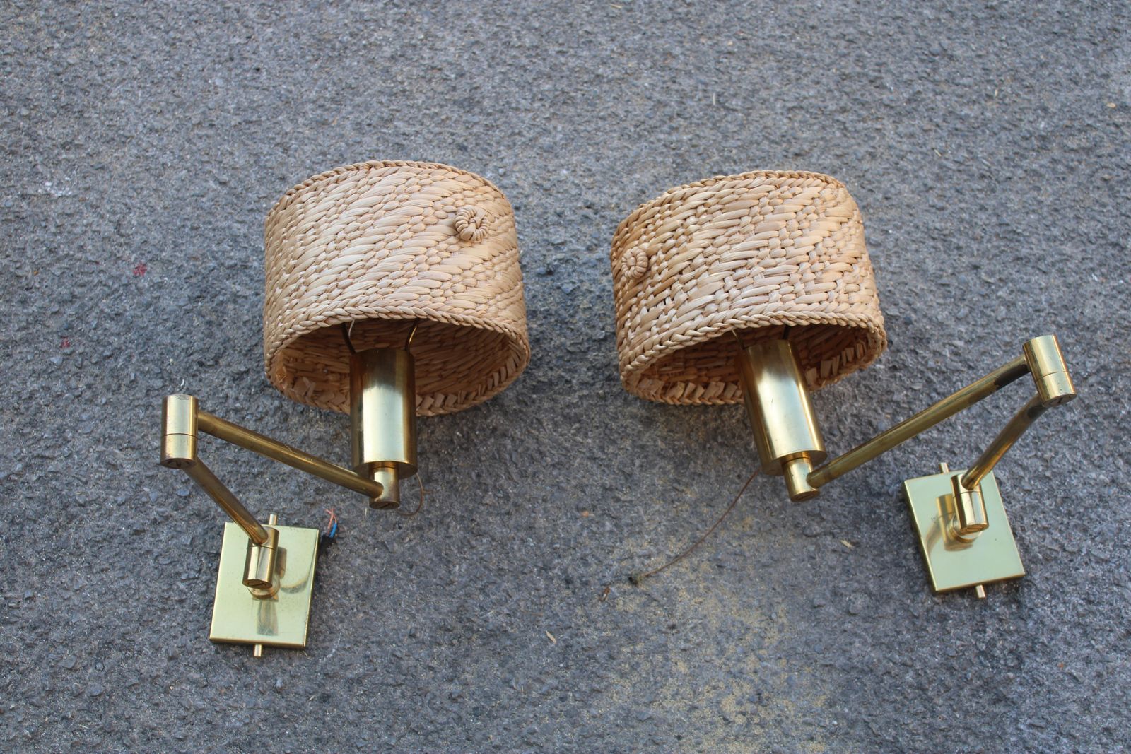 Pair Of Bedside Lamps In Brass And Straw Italy 1970s Directional photo furniture