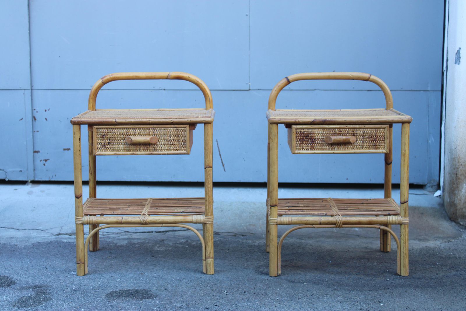 Pair Of Italian Bamboo Nightstands With Drawer And Shelf 1970 photo furniture