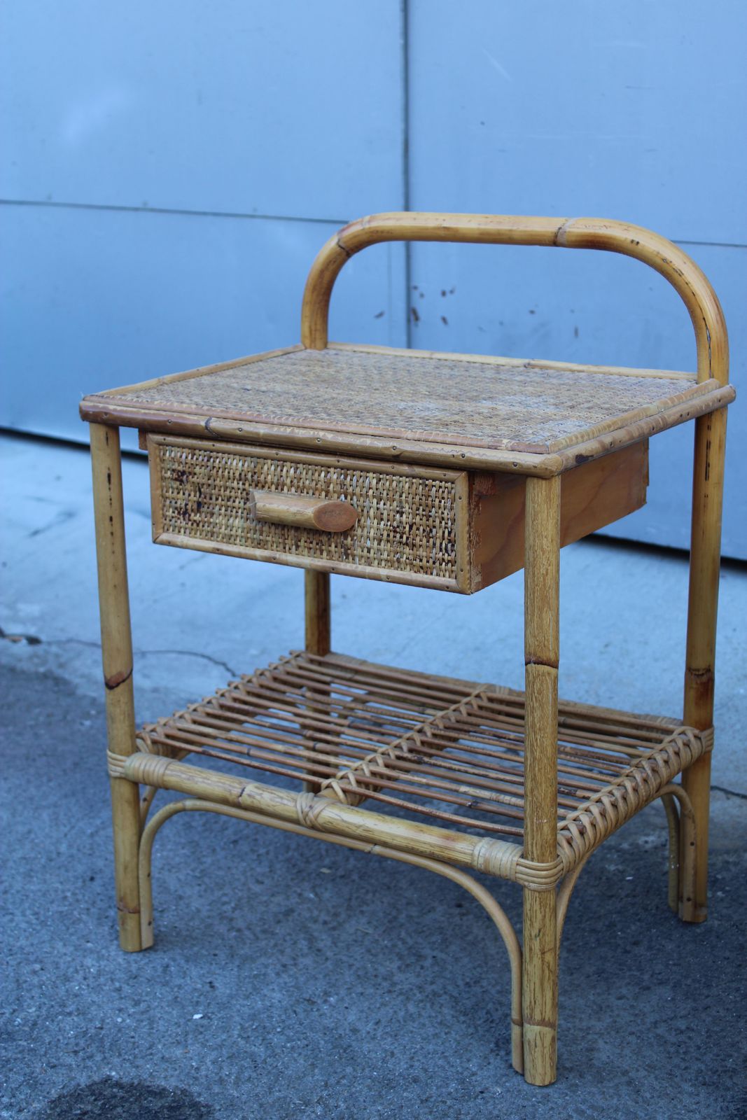 Pair Of Italian Bamboo Nightstands With Drawer And Shelf 1970 photo vintage