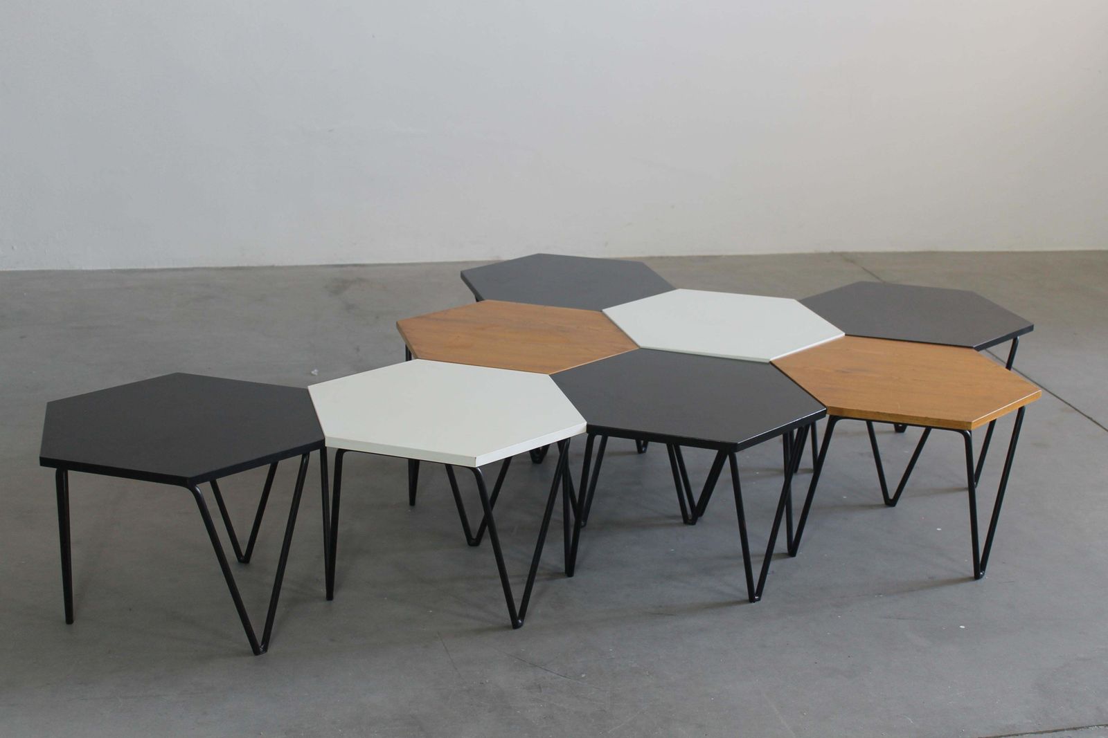 Gio Ponti Set Of Eight Hexagonal Coffee Tables In Wood And Metal I.S.A. 1950s photo for sale