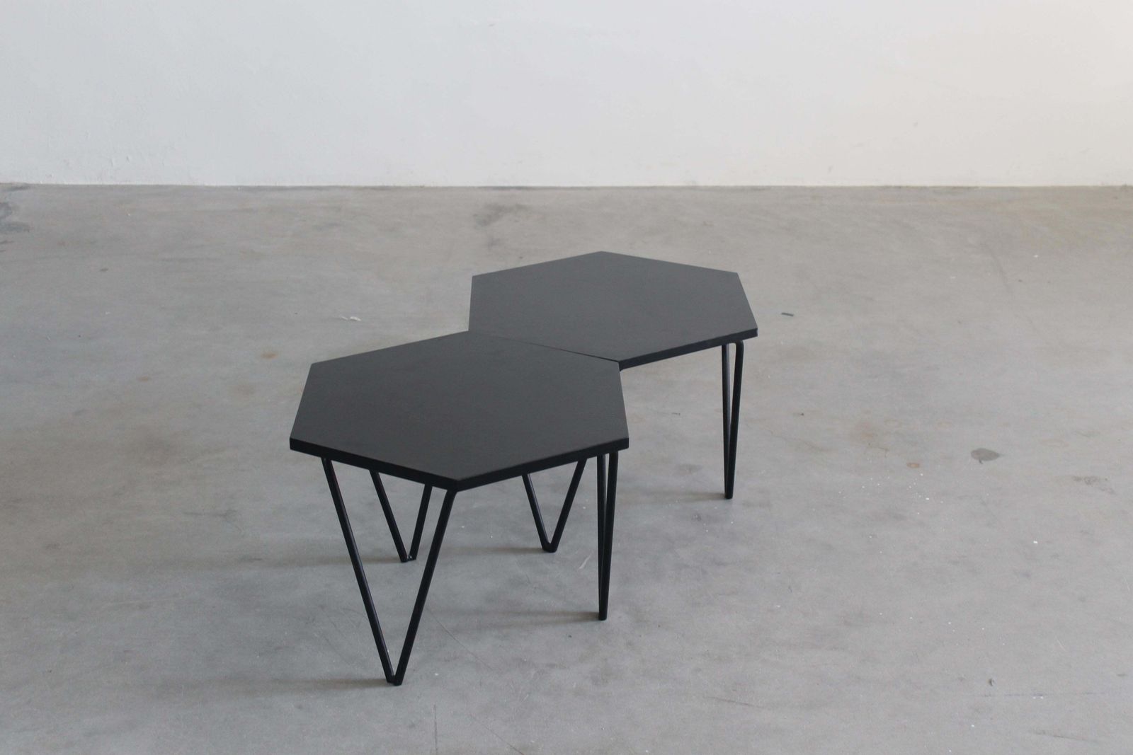 Gio Ponti Set Of Two Hexagonal Coffee Tables In Wood And Metal I.S.A. 1950s photo furniture