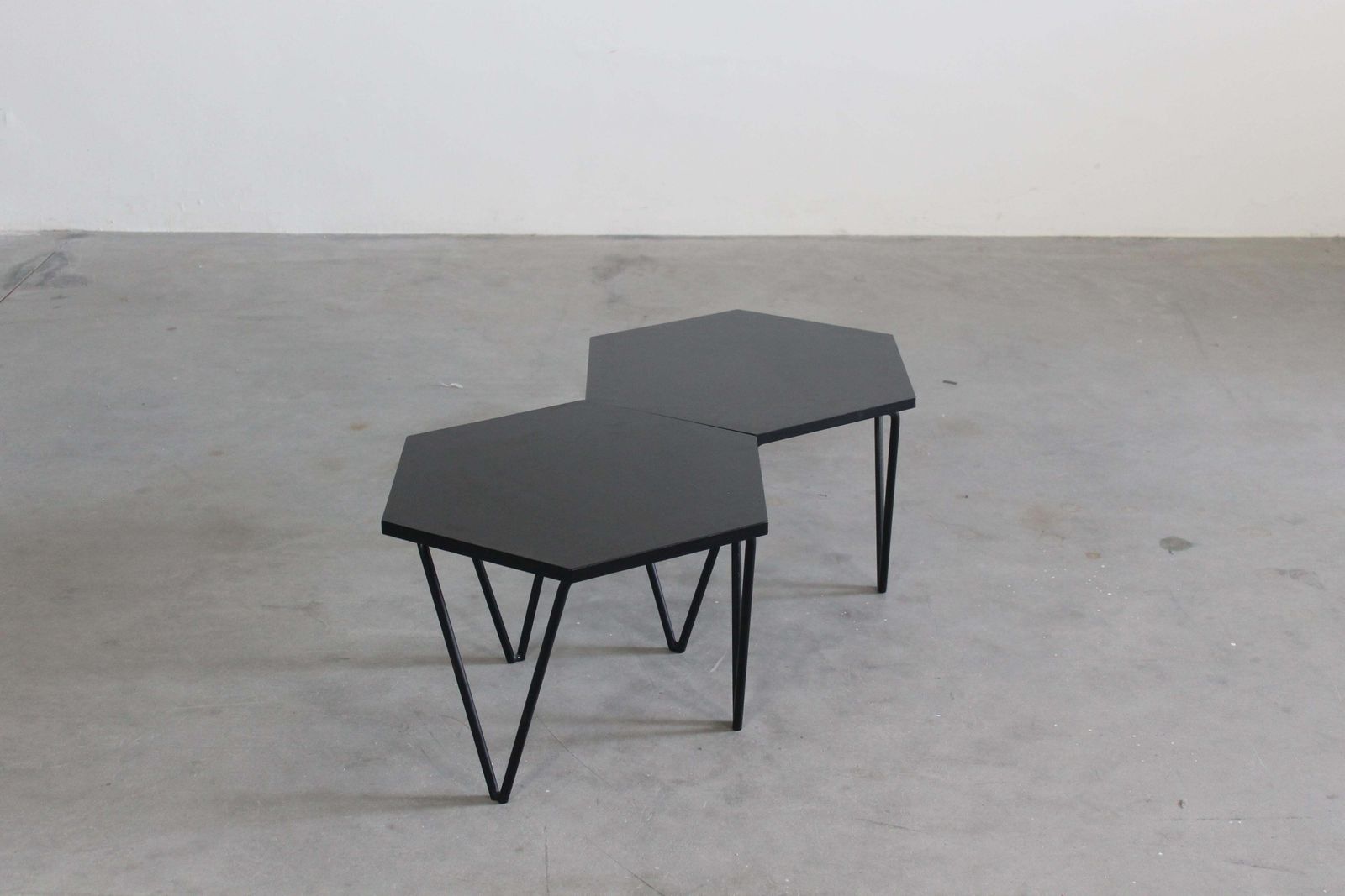 Gio Ponti Set Of Two Hexagonal Coffee Tables In Wood And Metal I.S.A. 1950s photo Furniture