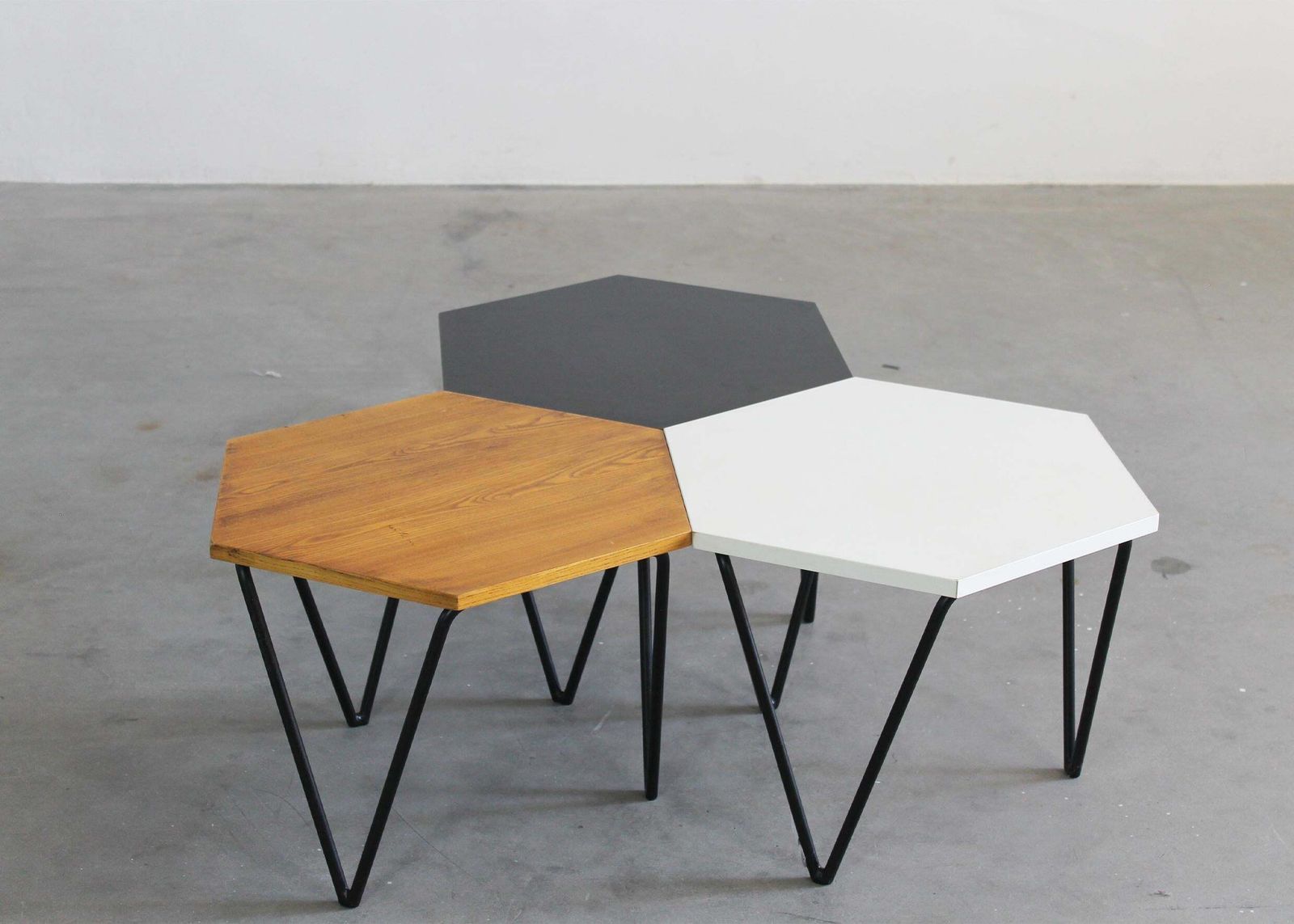 Gio Ponti Set Of Three Hexagonal Coffee Tables In Wood And Metal I.S.A. 1950s photo furniture