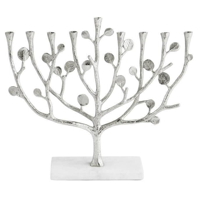 Contemporary Silver Toned Botanical Leaf Menorah In Sculpted Metal