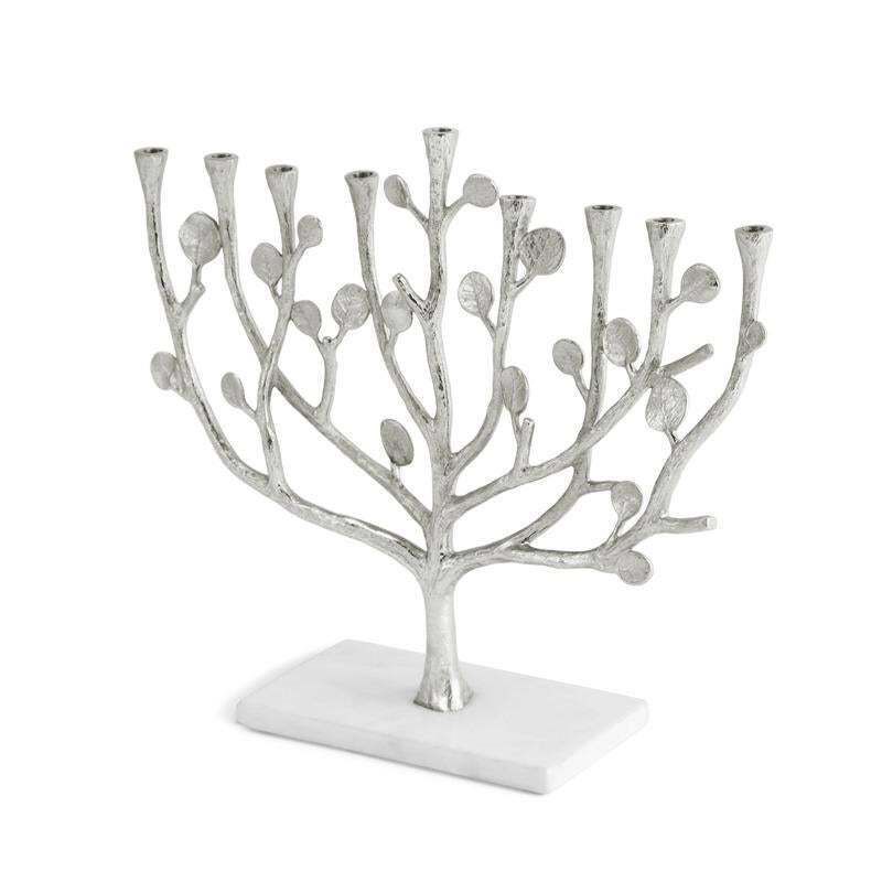 Contemporary Silver Toned Botanical Leaf Menorah In Sculpted Metal photo for sale