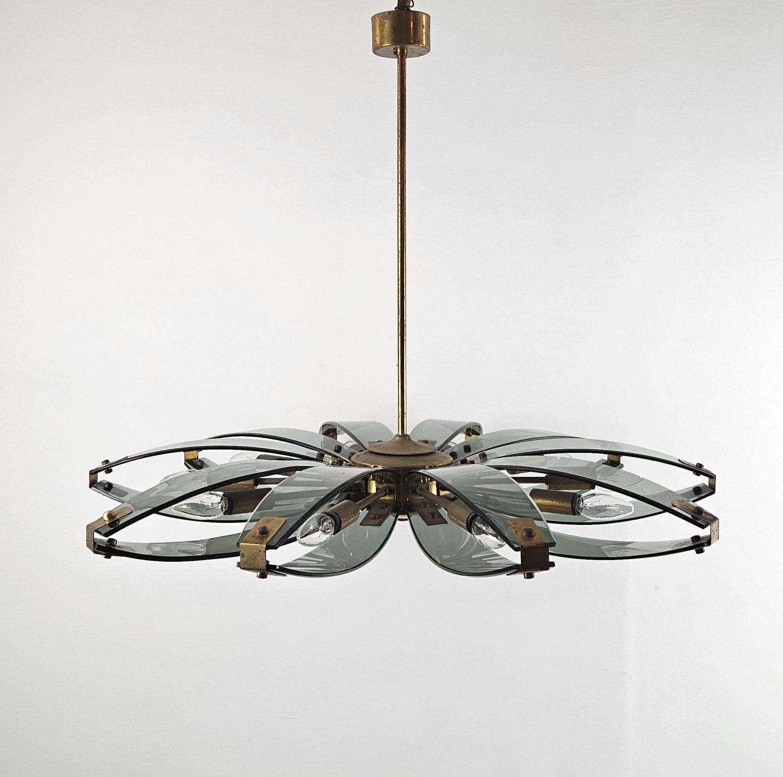 Italian Mid Century Modern Brass And Glass Chandelier, Attr. To Fontana Arte photo Lighting