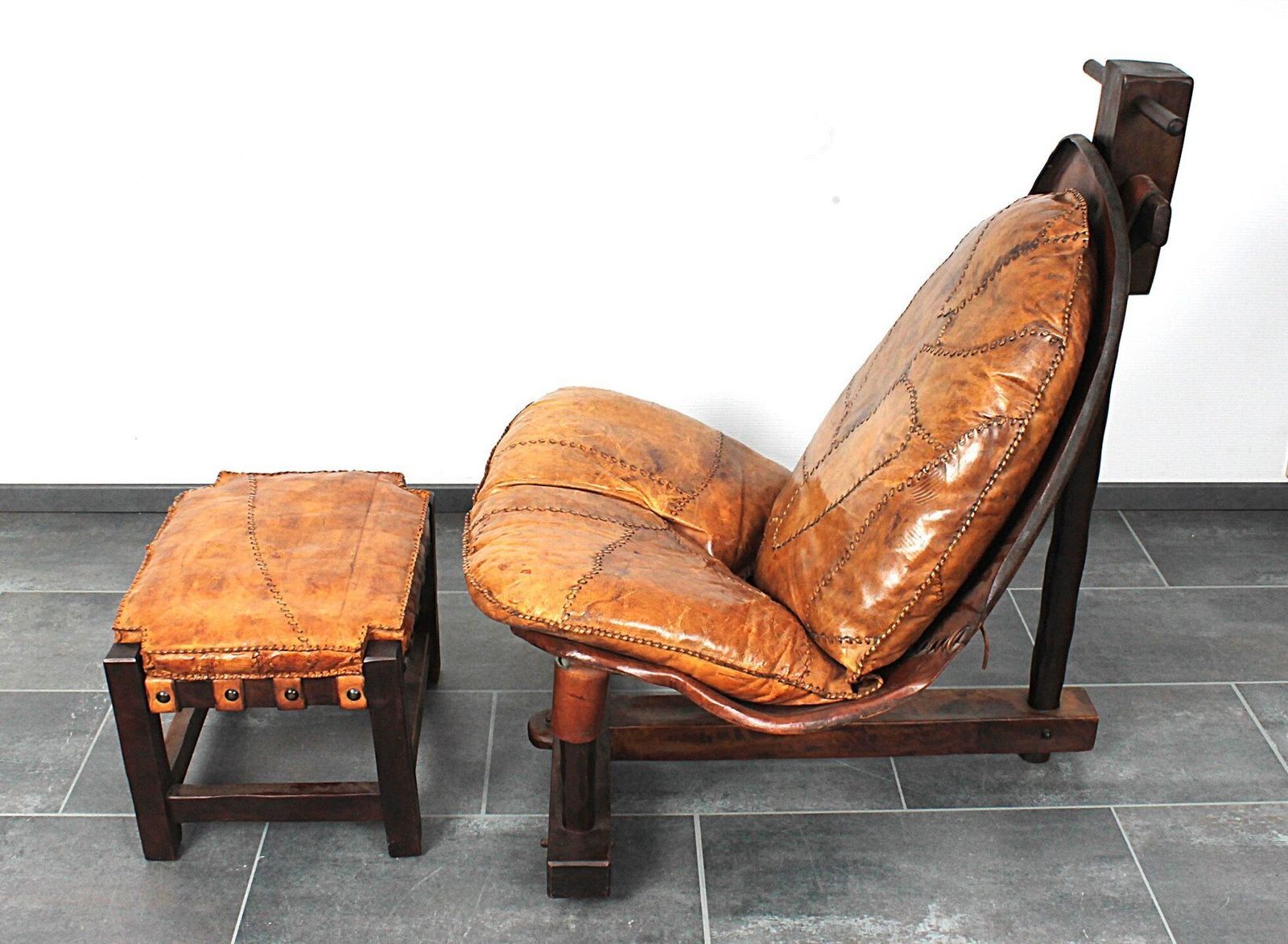 photo for sale Brutalist Oak Lounge Chair And Ottoman, 1970s, Set Of 2