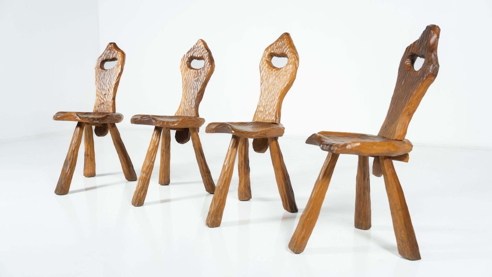 Set Of 4 Wooden Brutalist Chairs, Italy, 1970s photo furniture
