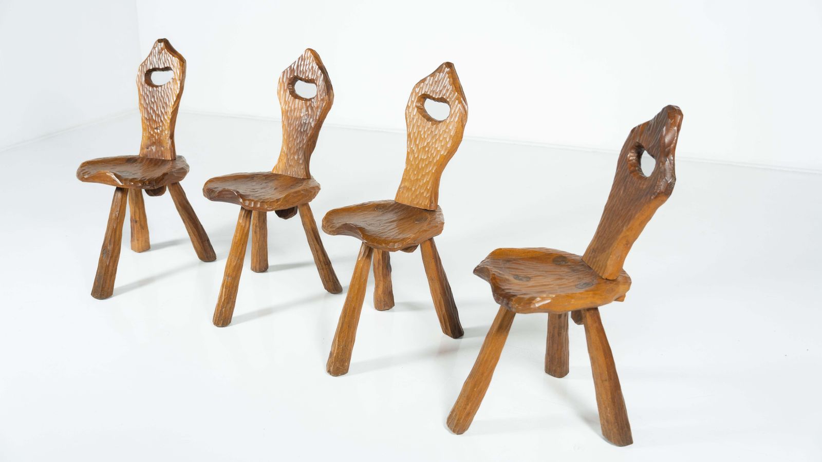 Set Of 4 Wooden Brutalist Chairs, Italy, 1970s photo for sale